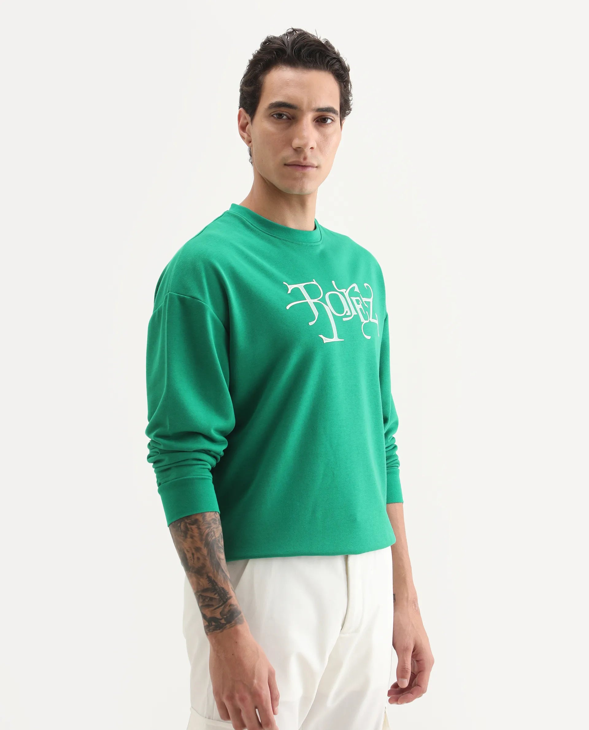 Rare Rabbit Men's Bott Green Cotton Graphic Print Regular Fit Full Sleeve Crew Neck Sweatshirt