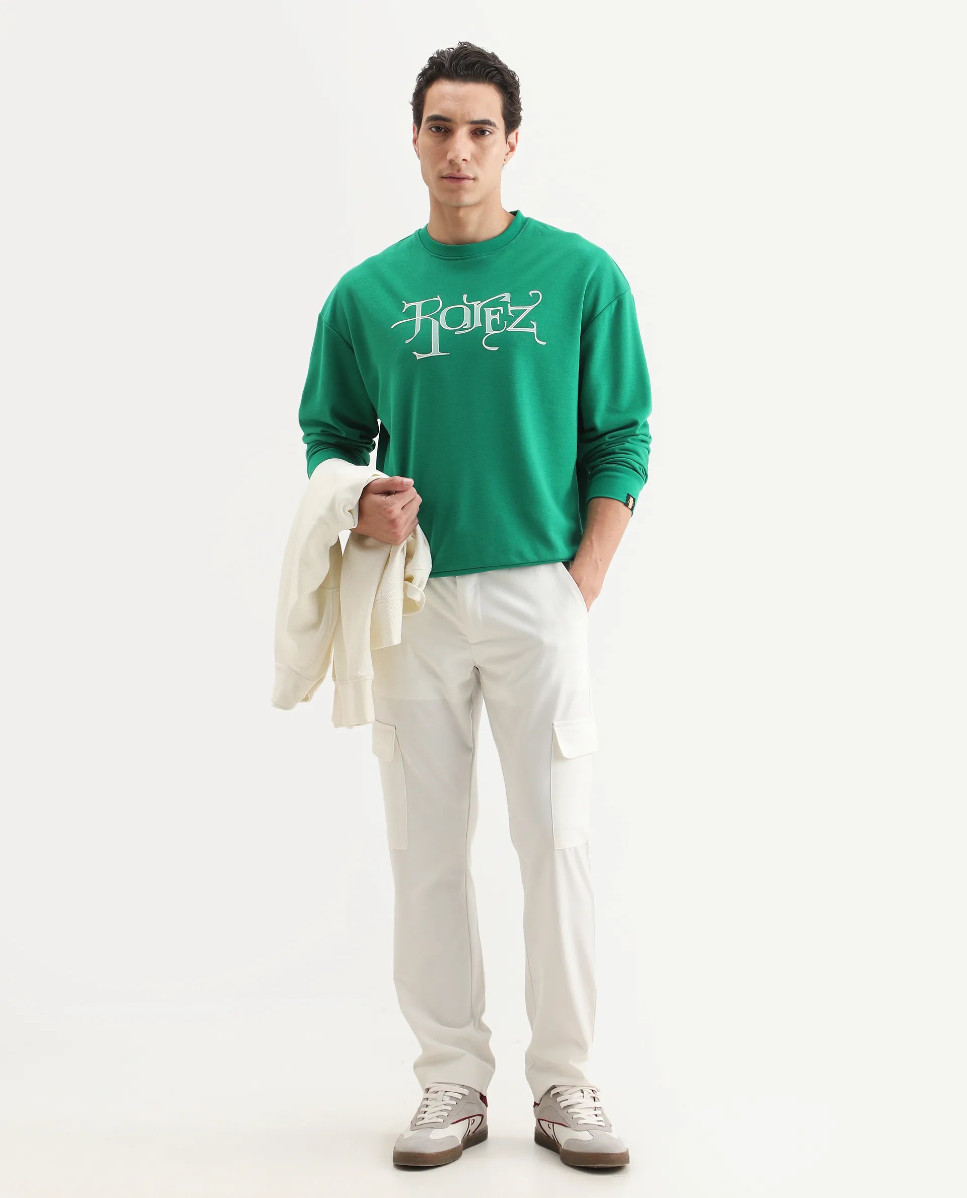 Rare Rabbit Men's Bott Green Cotton Graphic Print Regular Fit Full Sleeve Crew Neck Sweatshirt