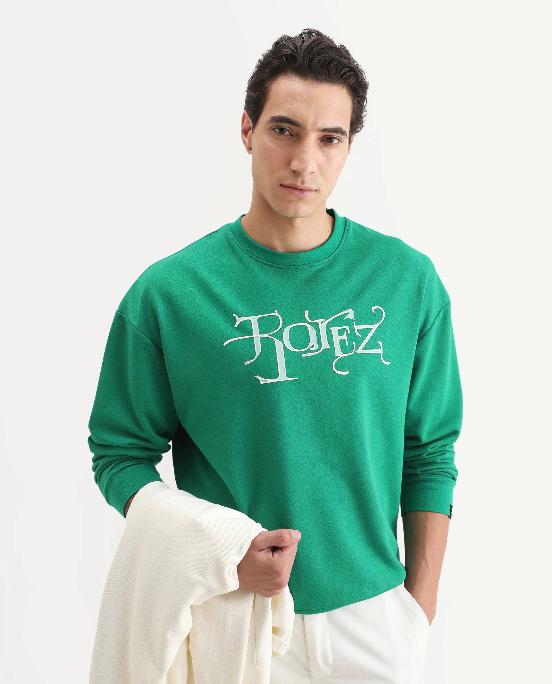 Rare Rabbit Men's Bott Green Cotton Graphic Print Regular Fit Full Sleeve Crew Neck Sweatshirt