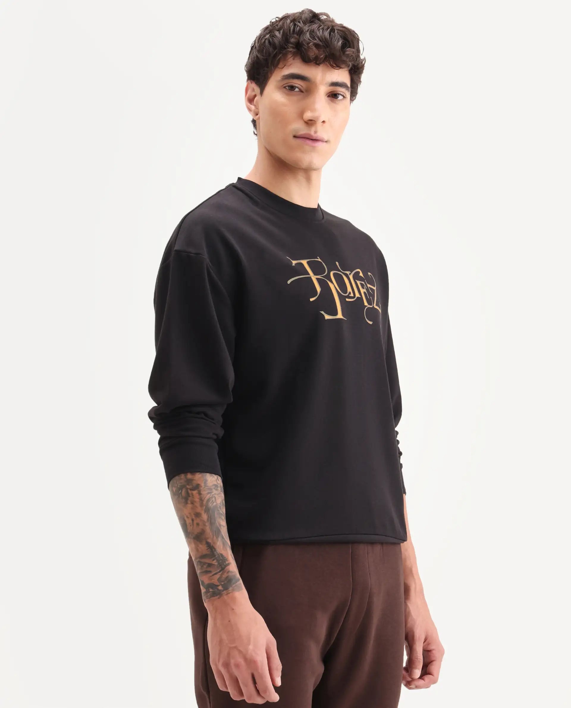 Rare Rabbit Men's Bott Dark Grey Cotton Graphic Print Regular Fit Full Sleeve Crew Neck Sweatshirt