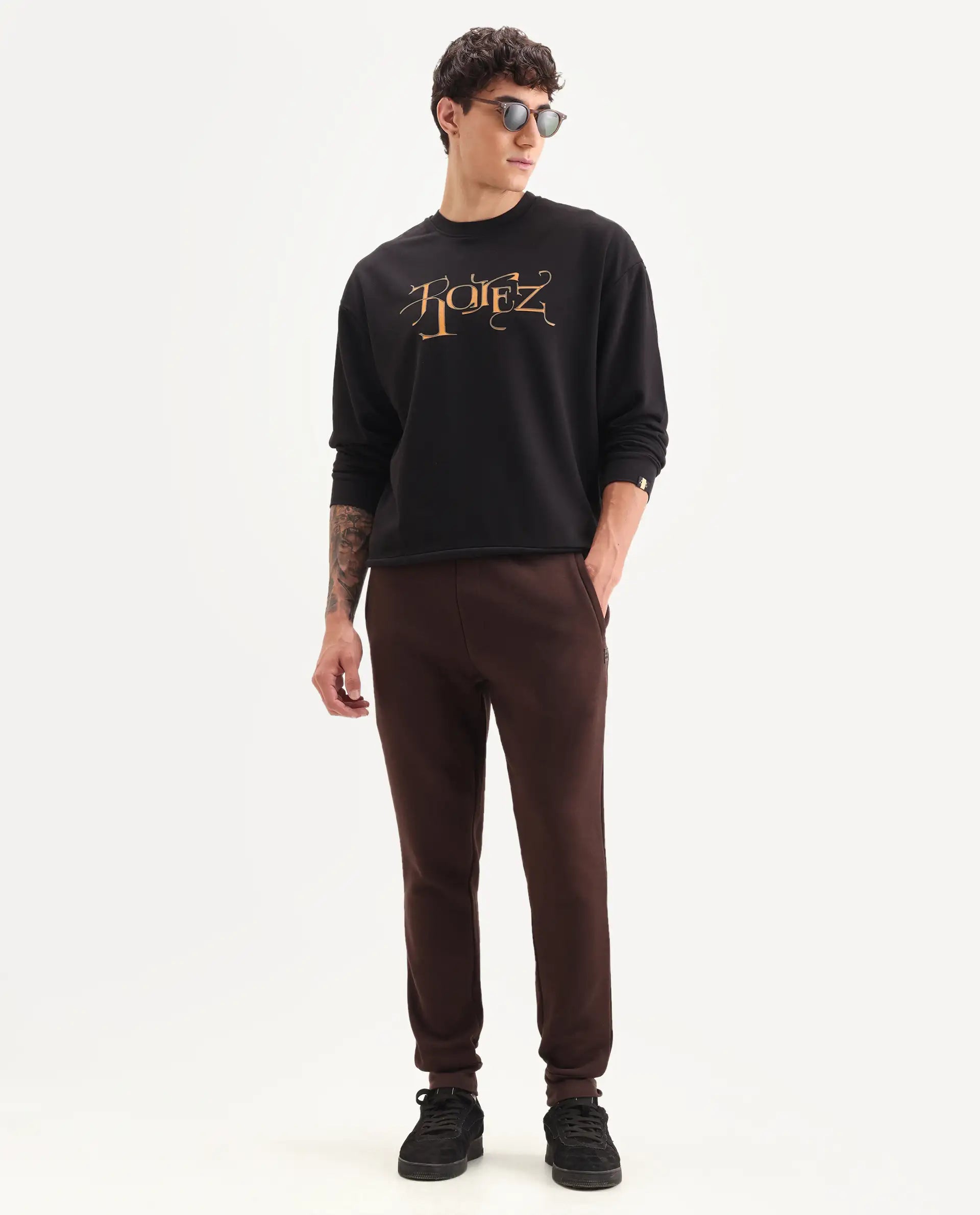 Rare Rabbit Men's Bott Dark Grey Cotton Graphic Print Regular Fit Full Sleeve Crew Neck Sweatshirt