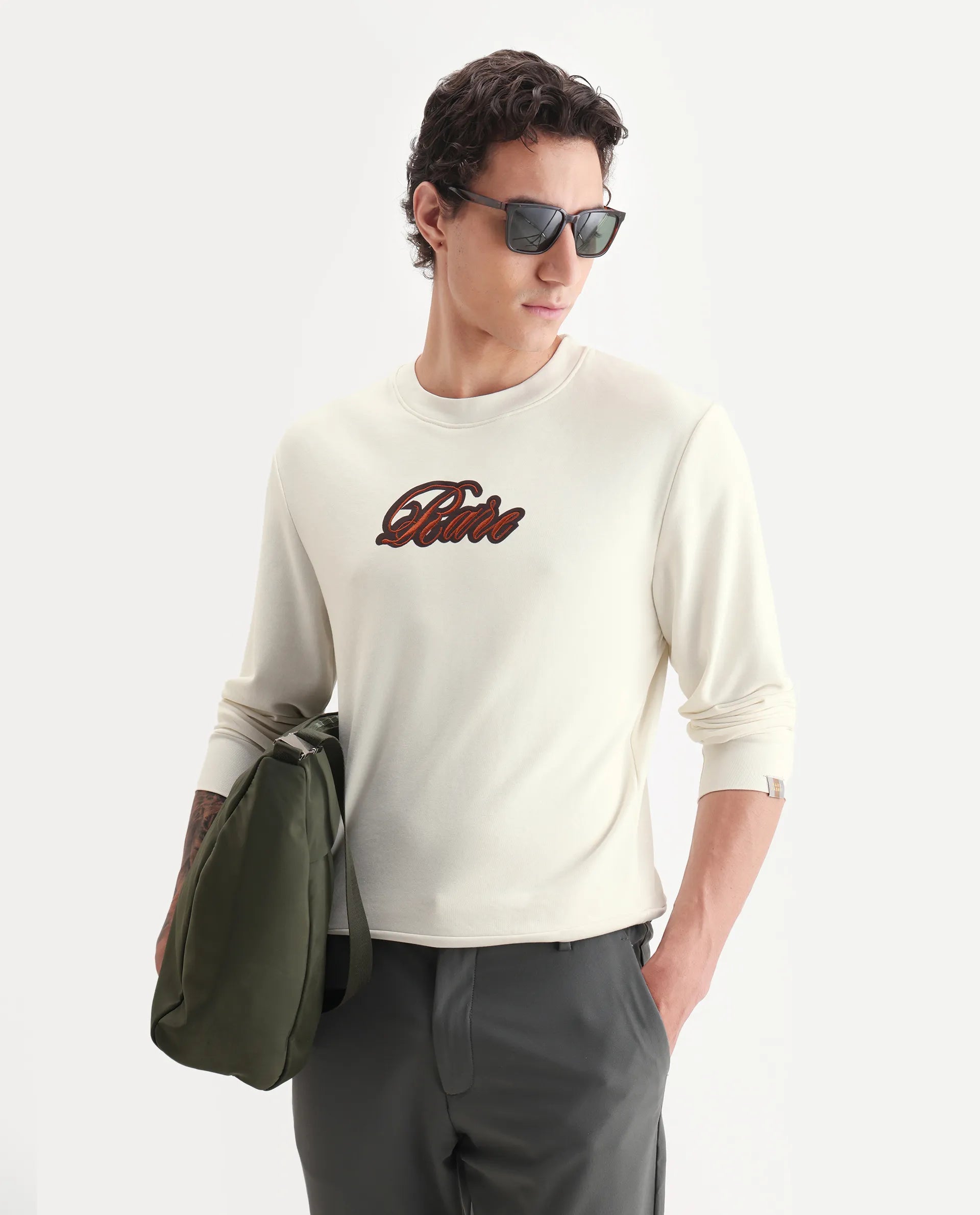 Rare Rabbit Men's Frejus Off White Cotton Embroidered Regular Fit Full Sleeve Crew Neck Sweatshirt