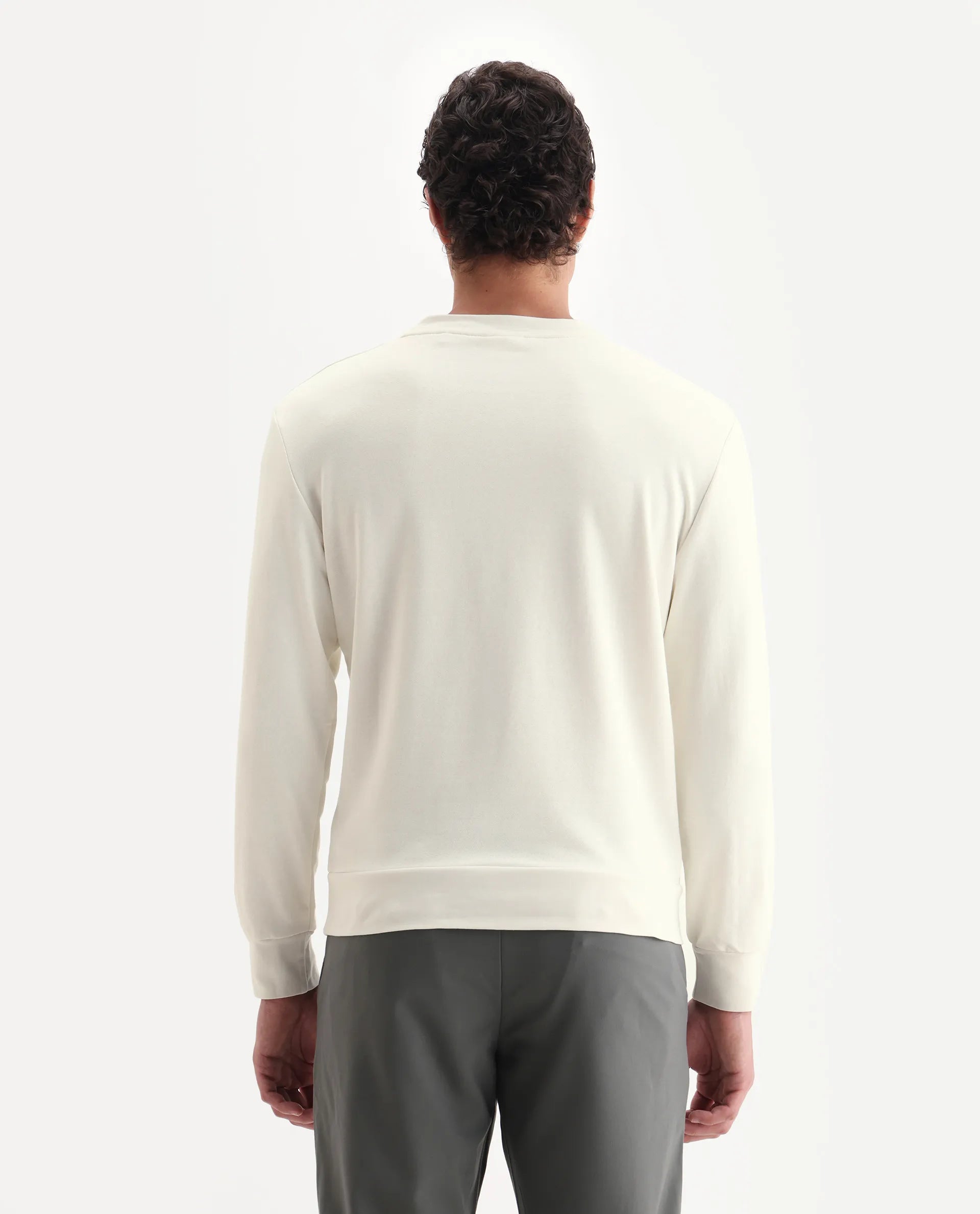 Rare Rabbit Men's Frejus Off White Cotton Embroidered Regular Fit Full Sleeve Crew Neck Sweatshirt