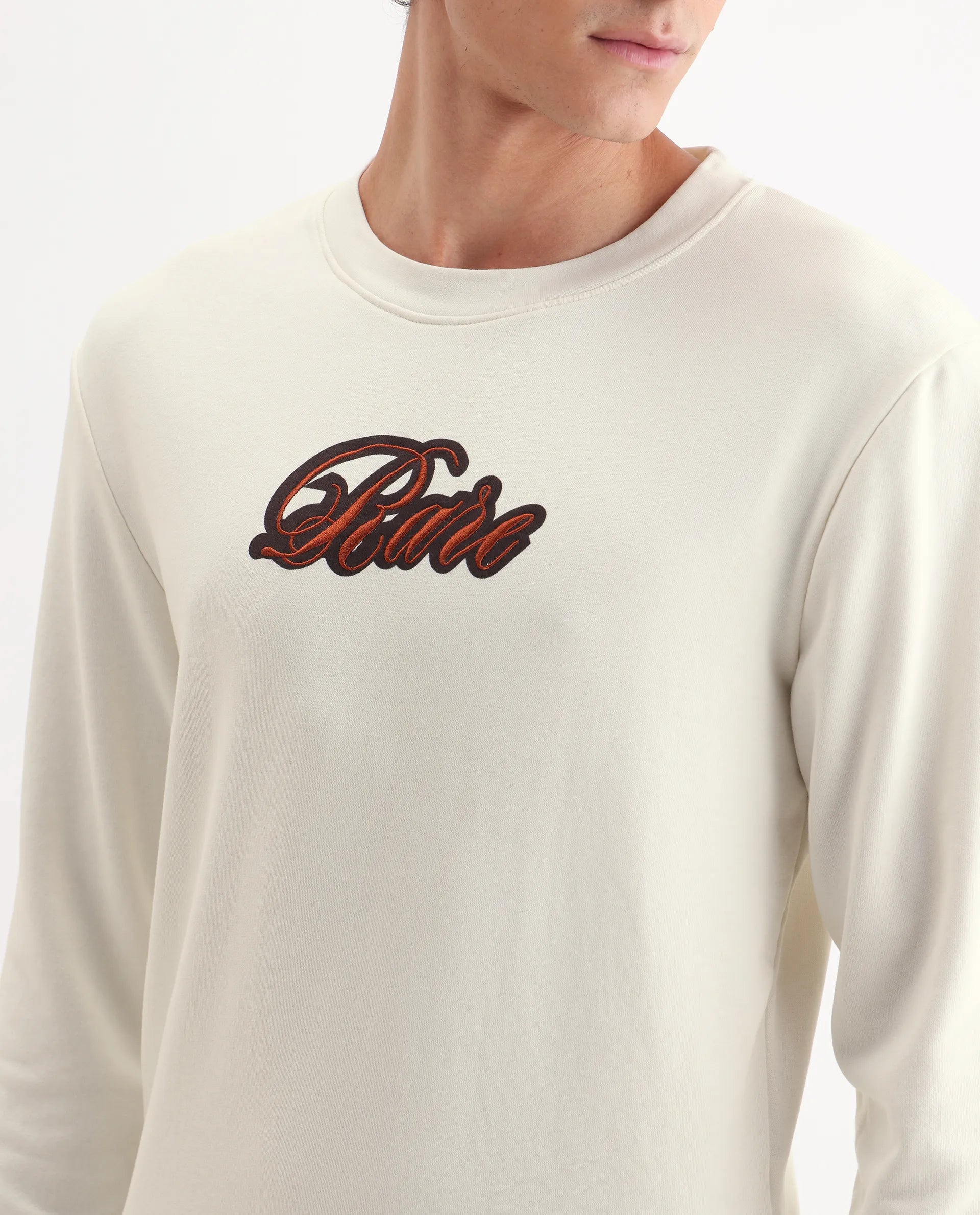 Rare Rabbit Men's Frejus Off White Cotton Embroidered Regular Fit Full Sleeve Crew Neck Sweatshirt