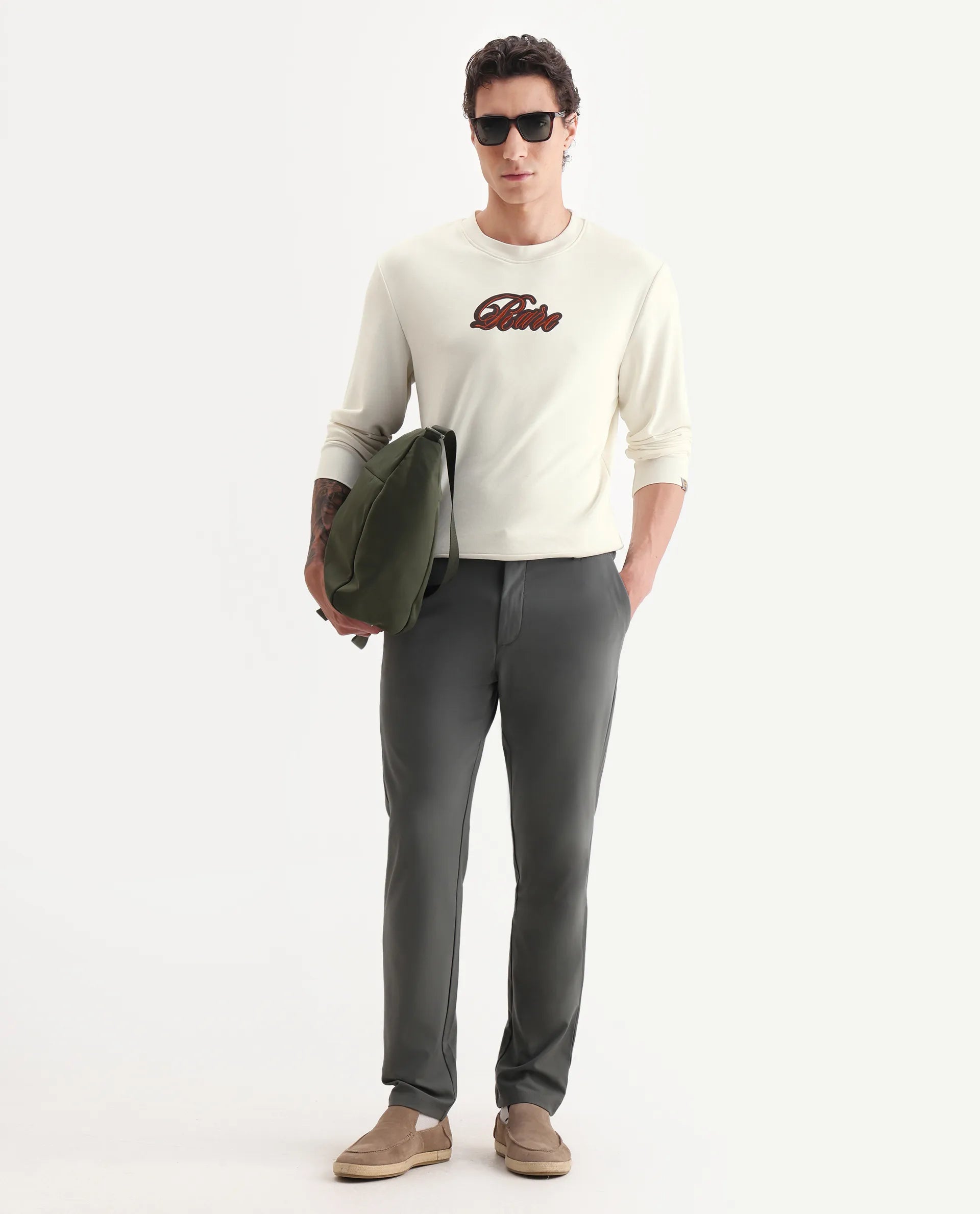 Rare Rabbit Men's Frejus Off White Cotton Embroidered Regular Fit Full Sleeve Crew Neck Sweatshirt