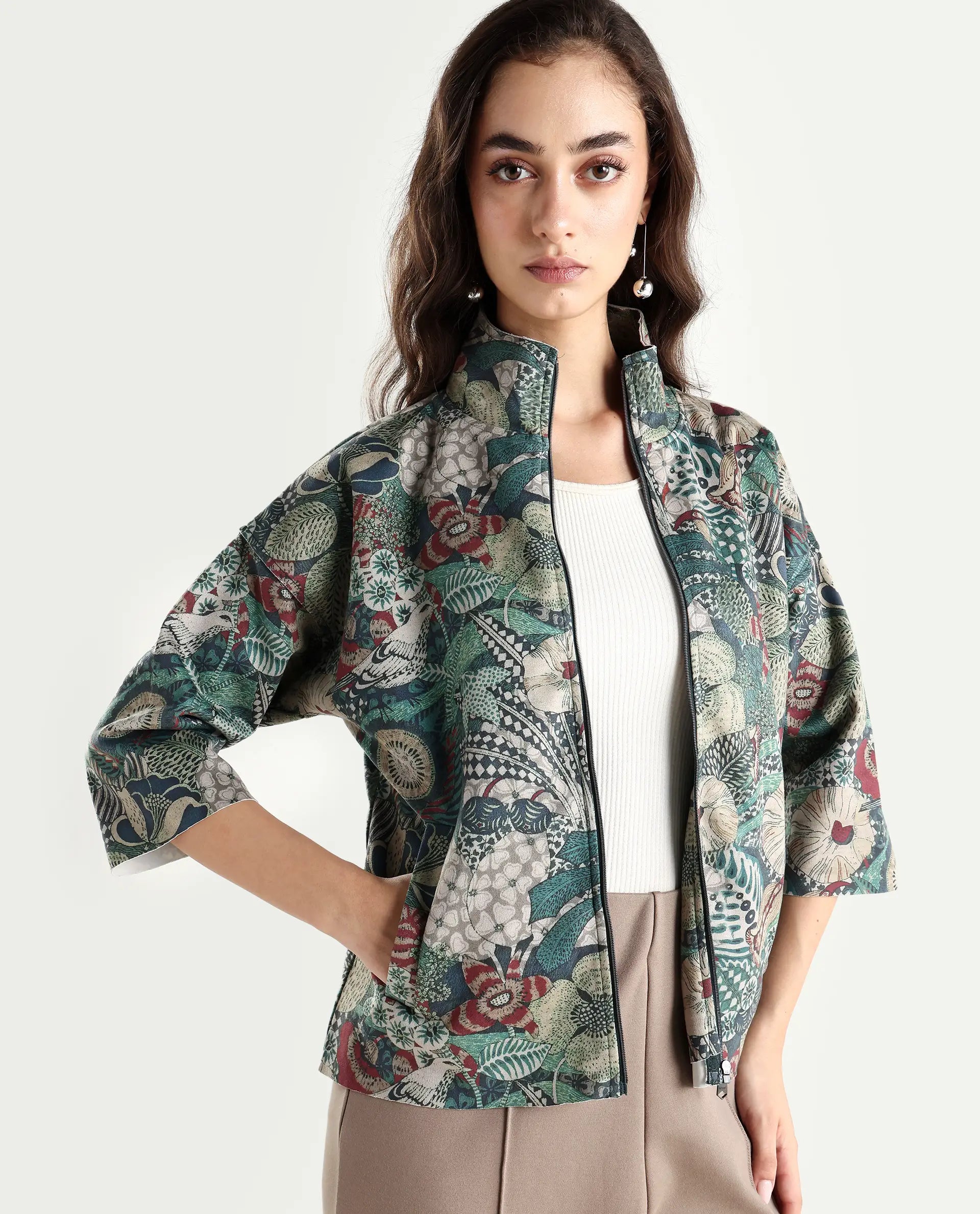 Rareism Women's Vaso Multi Suede Stand Collar Abstract Print Boxy Fit Jacket