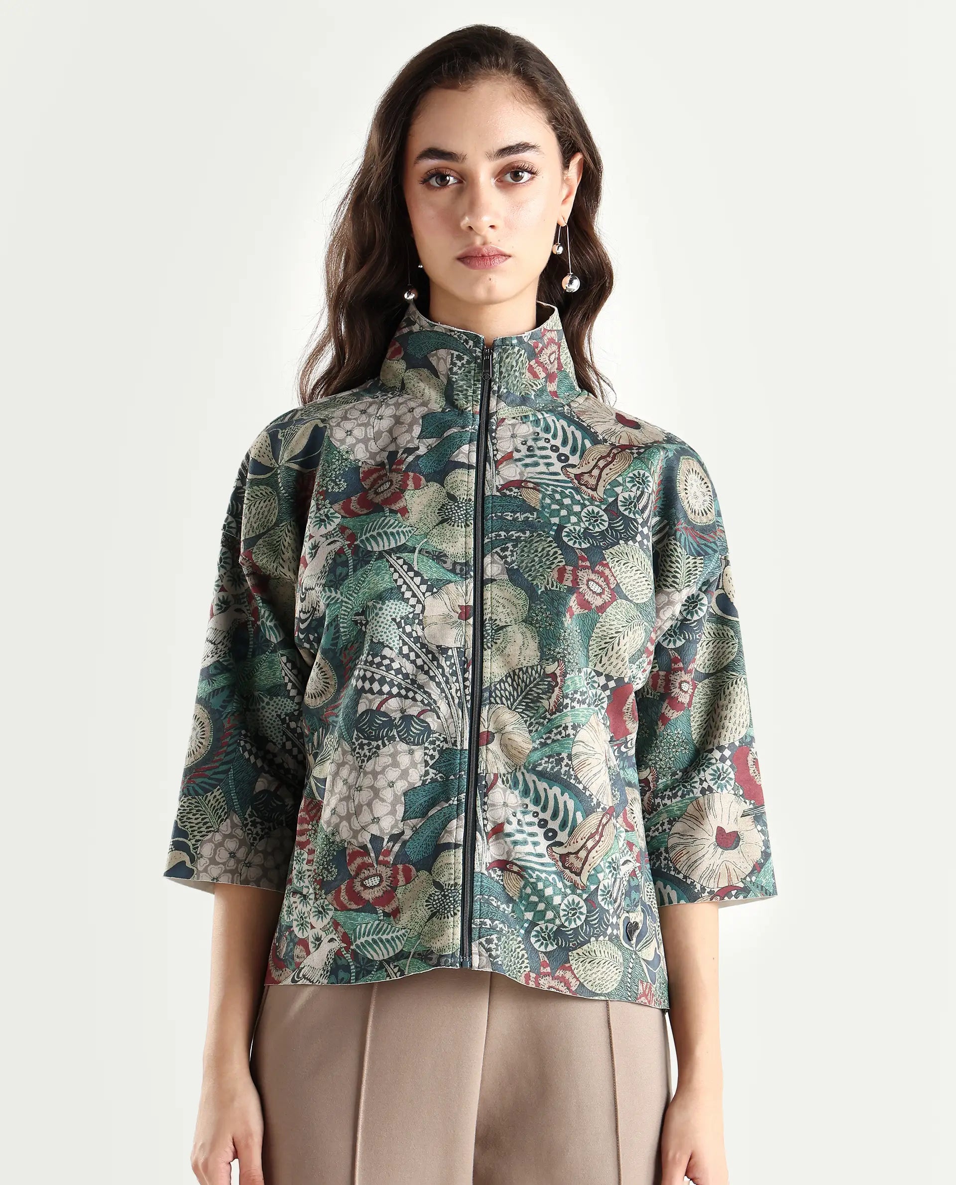 Rareism Women's Vaso Multi Suede Stand Collar Abstract Print Boxy Fit Jacket