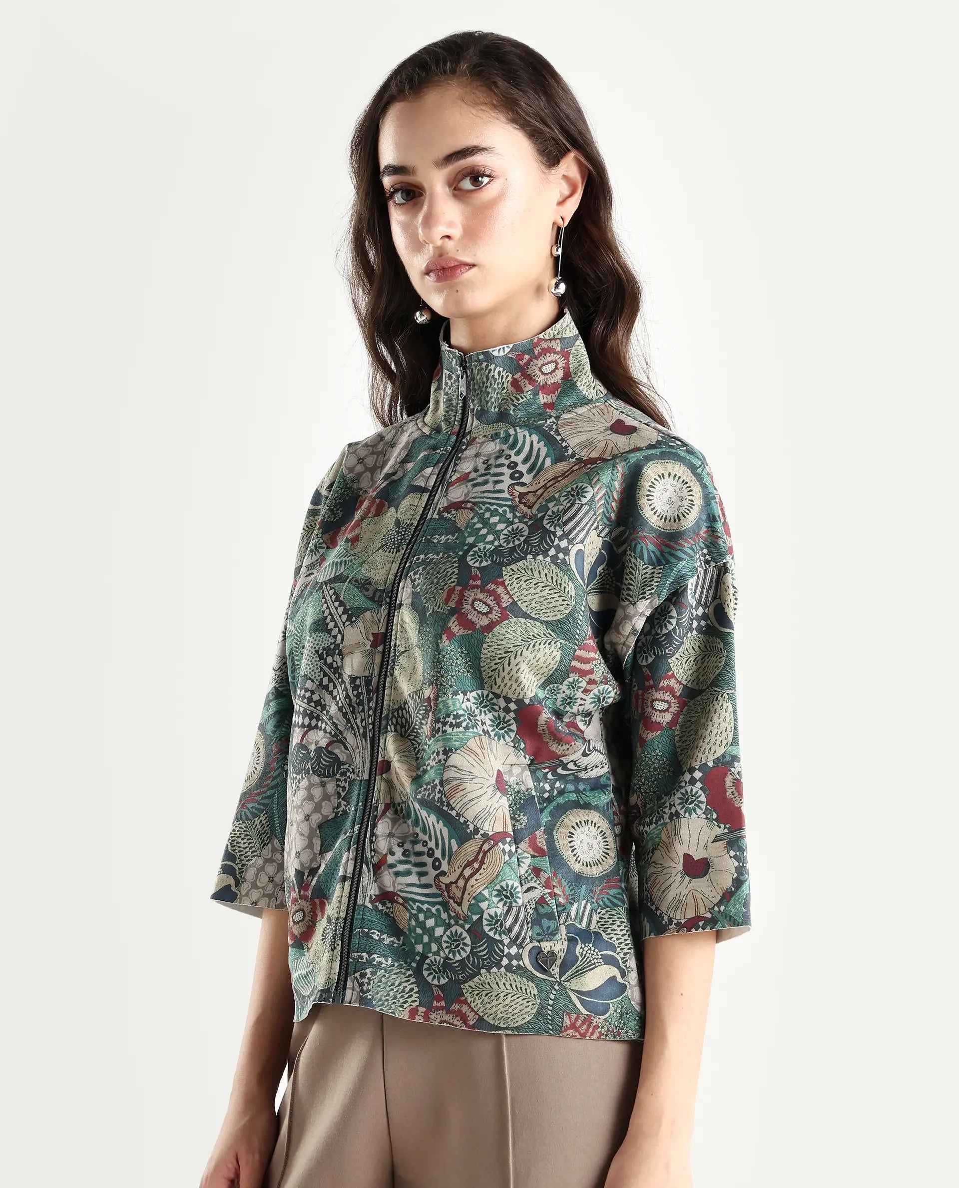 Rareism Women's Vaso Multi Suede Stand Collar Abstract Print Boxy Fit Jacket