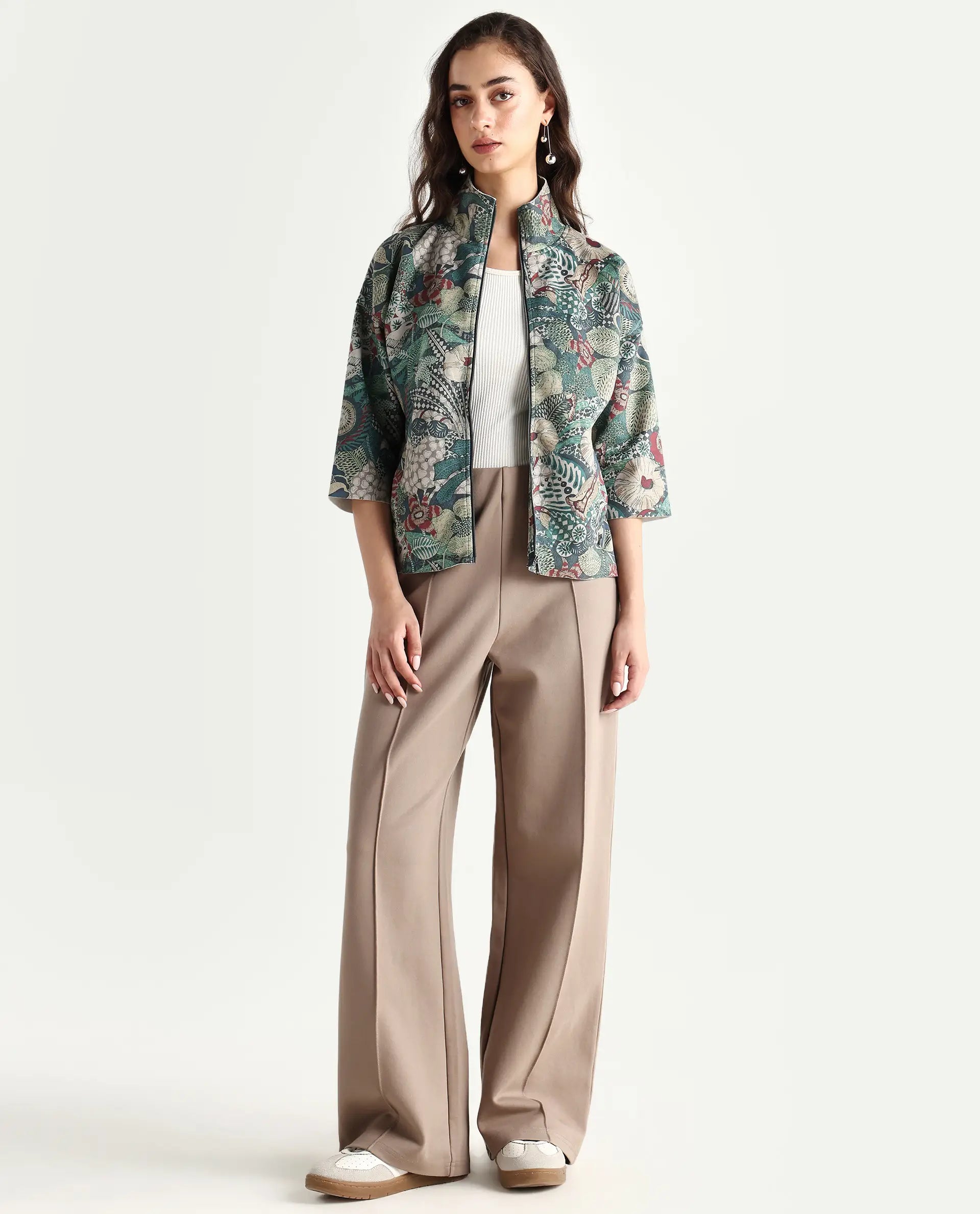 Rareism Women's Vaso Multi Suede Stand Collar Abstract Print Boxy Fit Jacket