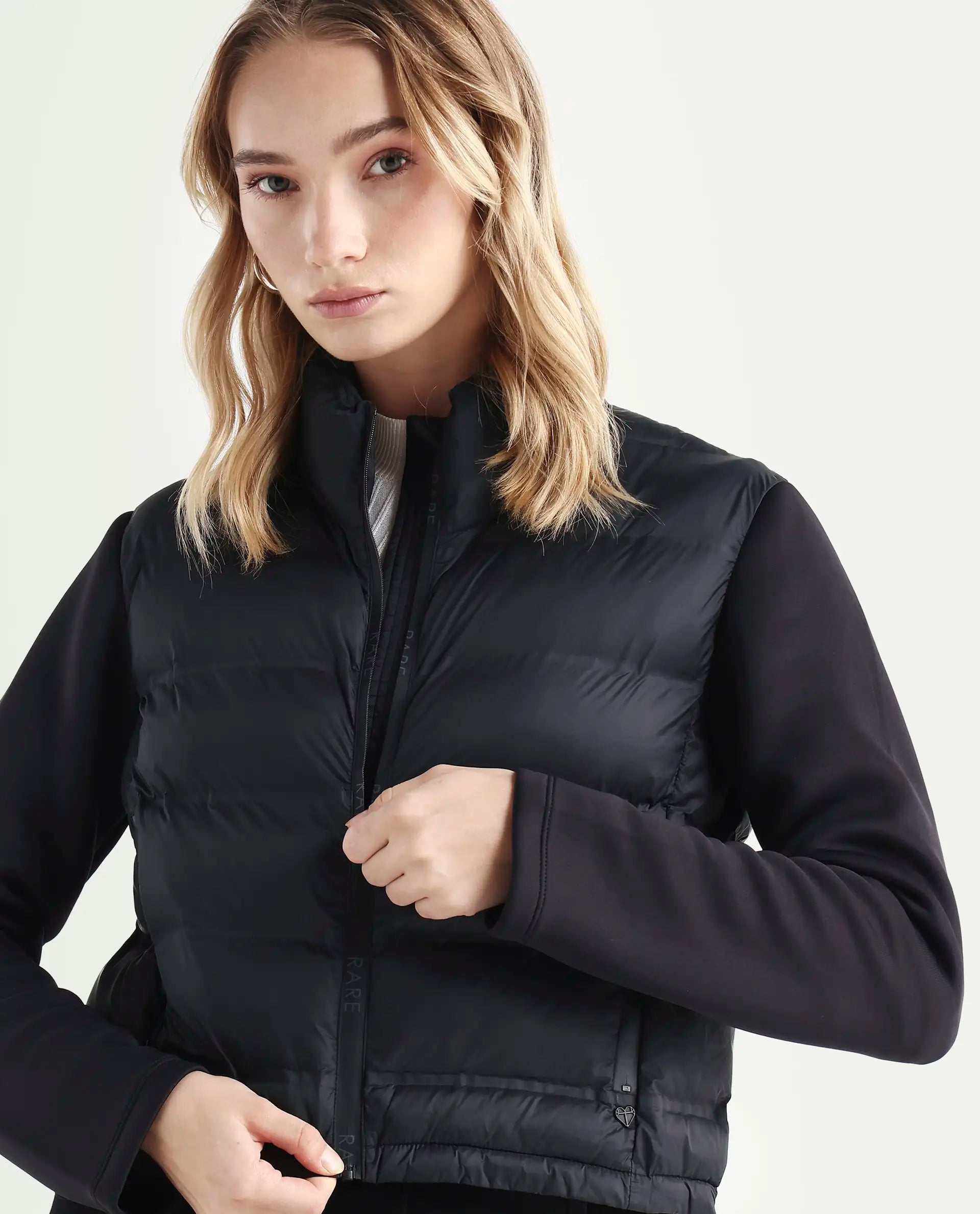 Rareism Women's Zarcro Black Polyester Stand Collar Plain Regular Fit Jacket