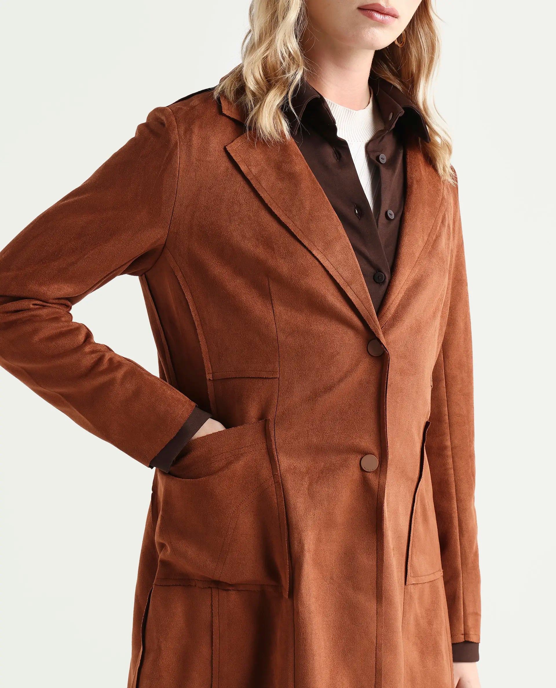 Rareism Women's Gawler Tan Suede Lapel Neck Plain Regular Fit Jacket