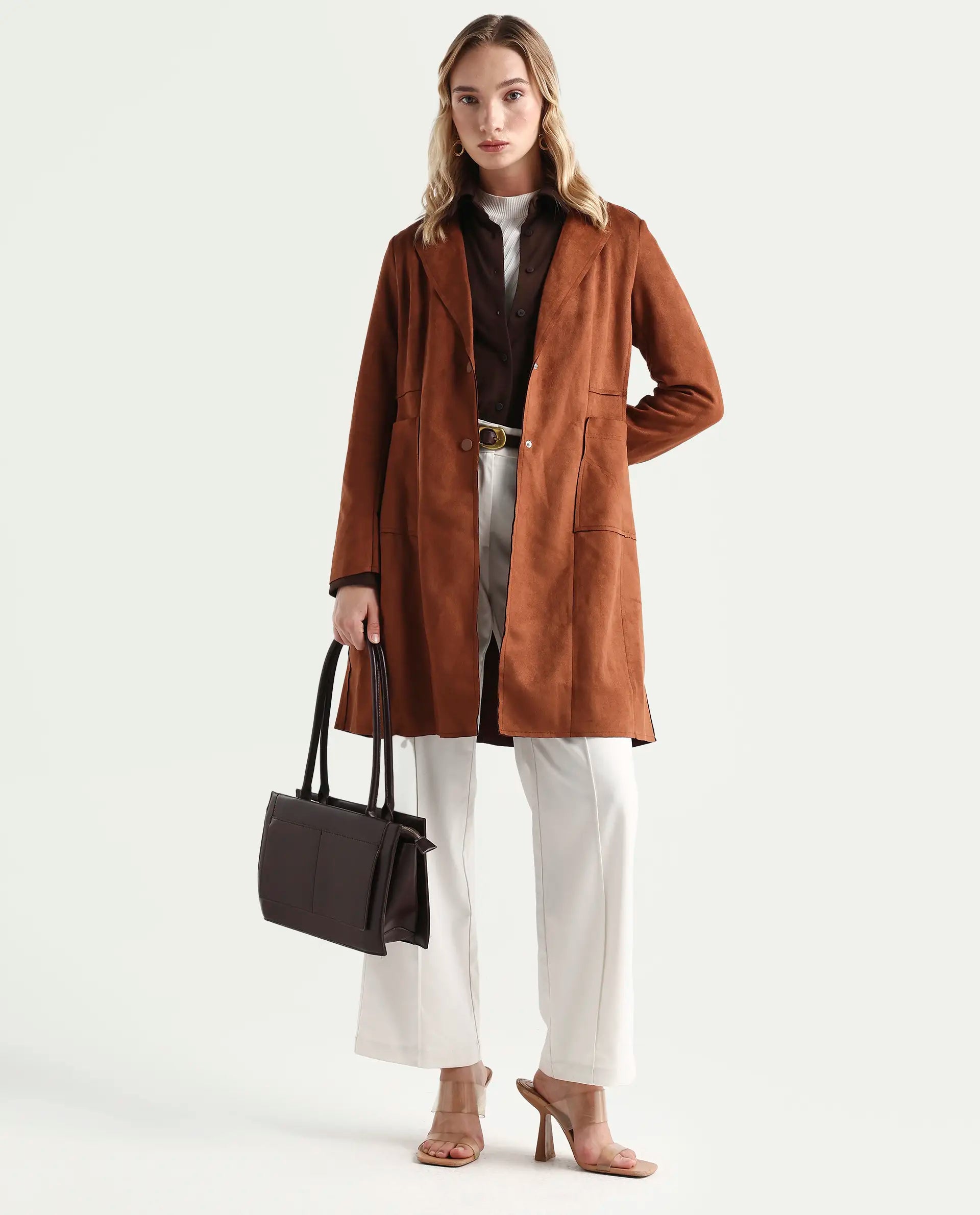 Rareism Women's Gawler Tan Suede Lapel Neck Plain Regular Fit Jacket