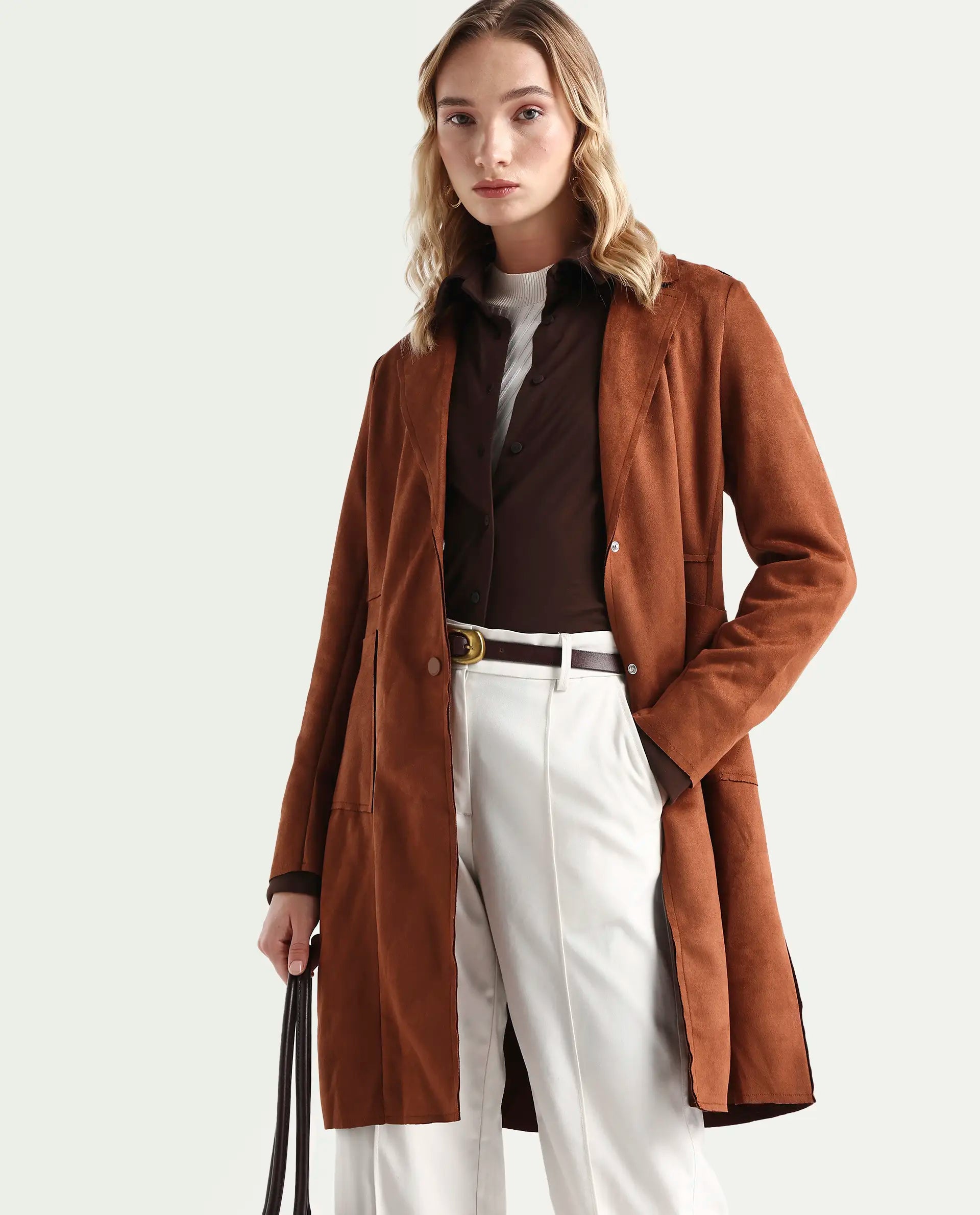 Rareism Women's Gawler Tan Suede Lapel Neck Plain Regular Fit Jacket