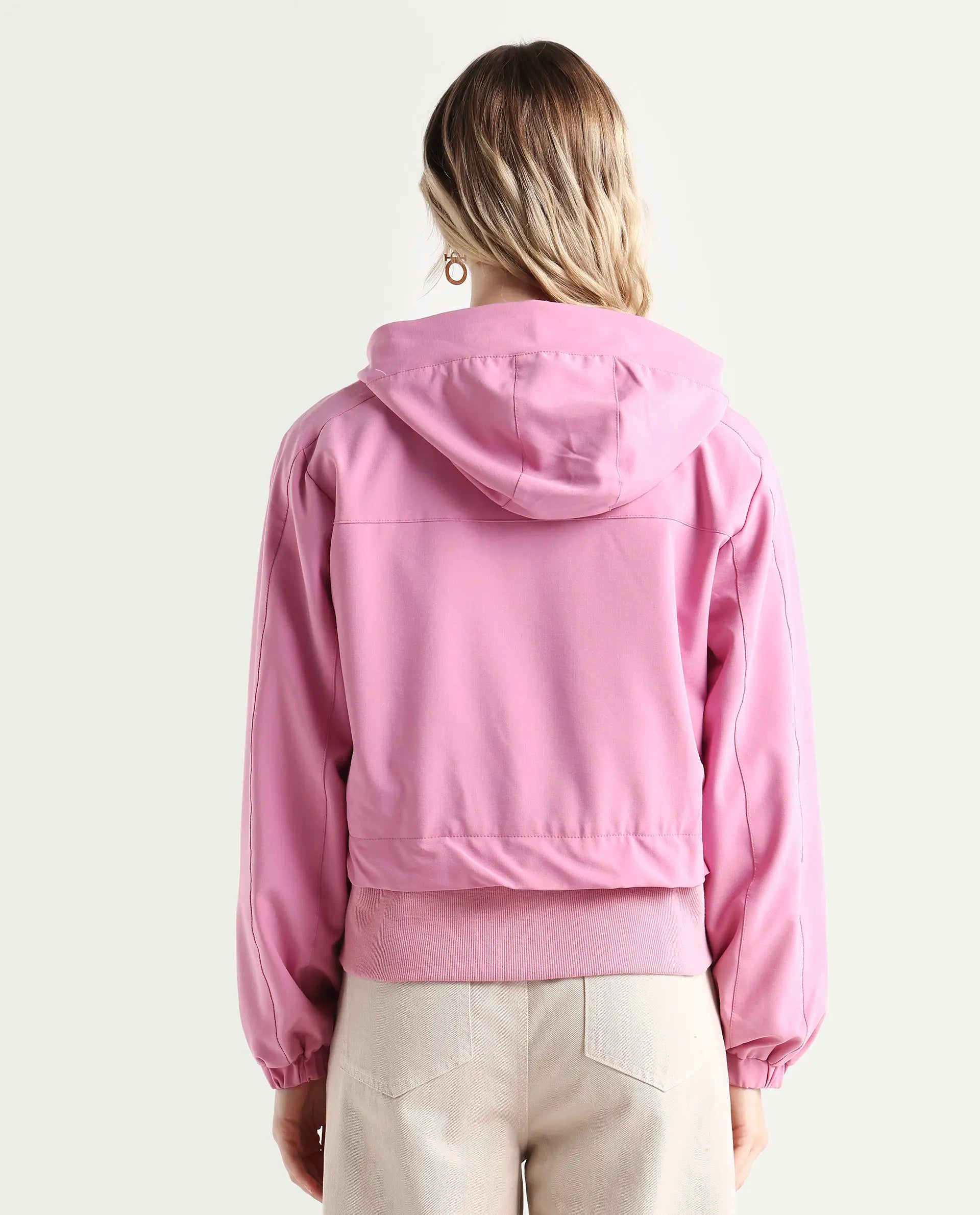 Rareism Women's Hoian Dusky Pink Cotton Stand Collar Plain Ribbed Sleeve Boxy Fit Jacket