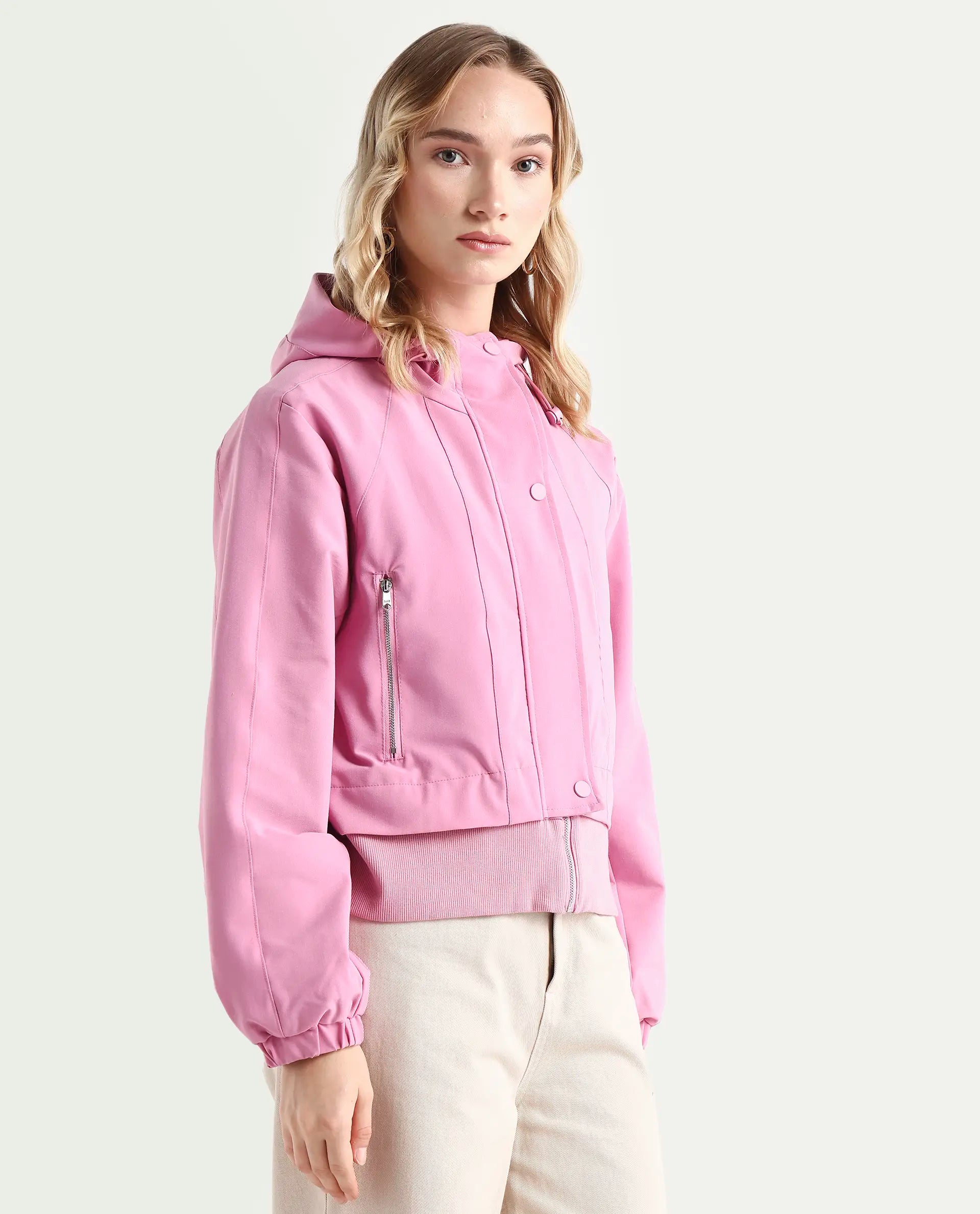 Rareism Women's Hoian Dusky Pink Cotton Stand Collar Plain Ribbed Sleeve Boxy Fit Jacket
