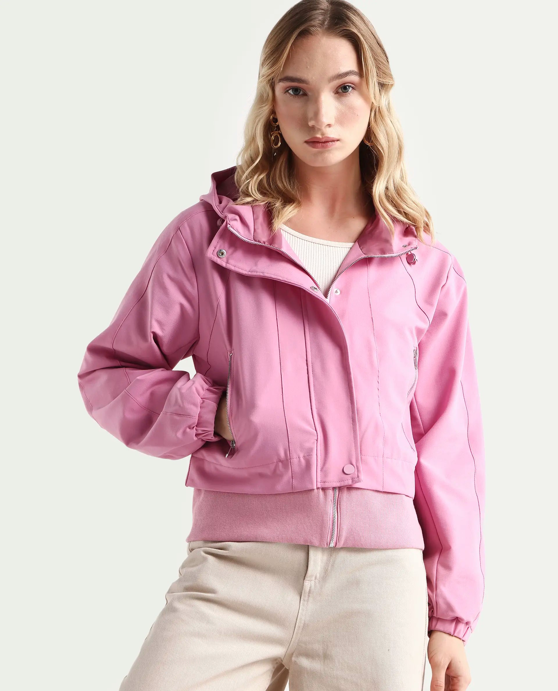 Rareism Women's Hoian Dusky Pink Cotton Stand Collar Plain Ribbed Sleeve Boxy Fit Jacket