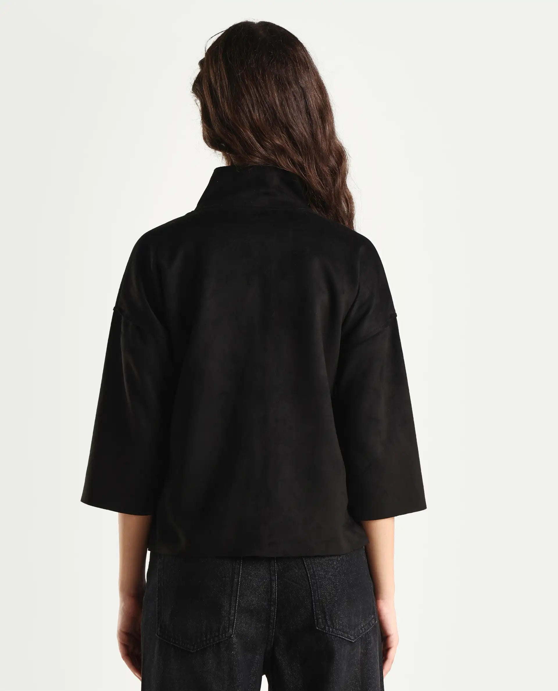 Rareism Women's Vasu 2 Black Suede Stand Collar Plain Boxy Fit Jacket