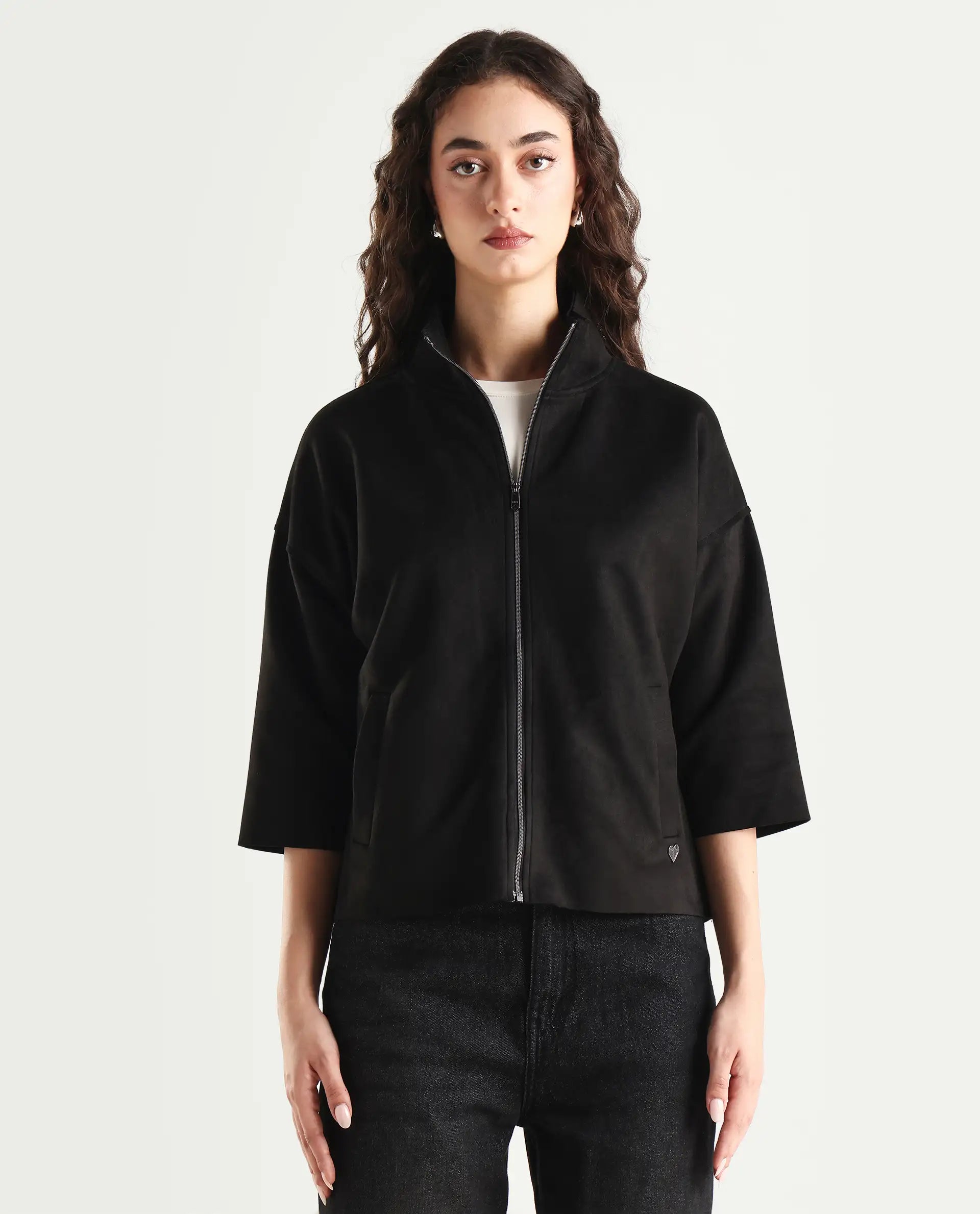 Rareism Women's Vasu 2 Black Suede Stand Collar Plain Boxy Fit Jacket