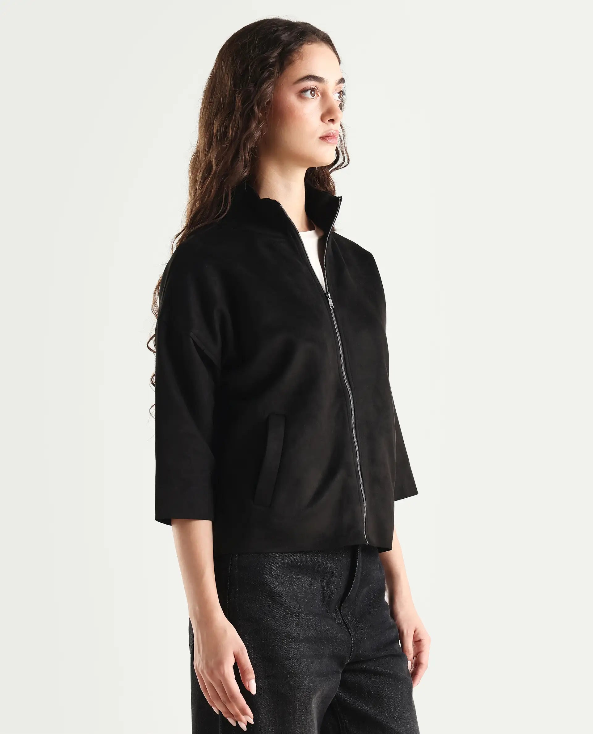 Rareism Women's Vasu 2 Black Suede Stand Collar Plain Boxy Fit Jacket