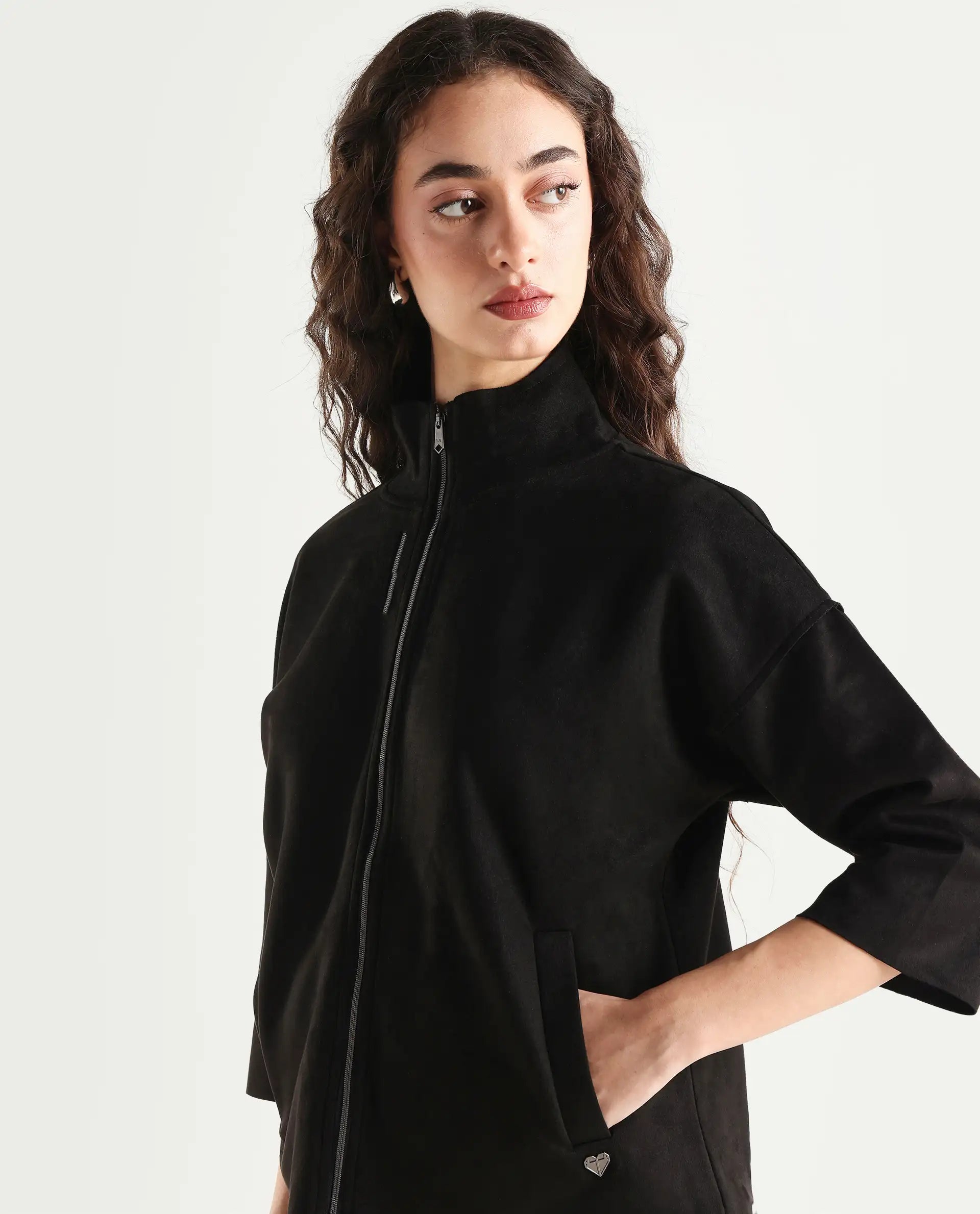 Rareism Women's Vasu 2 Black Suede Stand Collar Plain Boxy Fit Jacket