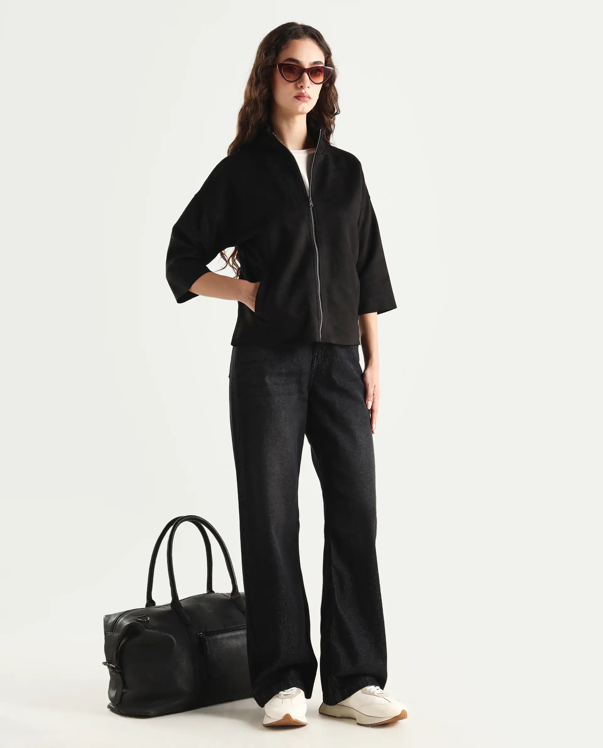 Rareism Women's Vasu 2 Black Suede Stand Collar Plain Boxy Fit Jacket