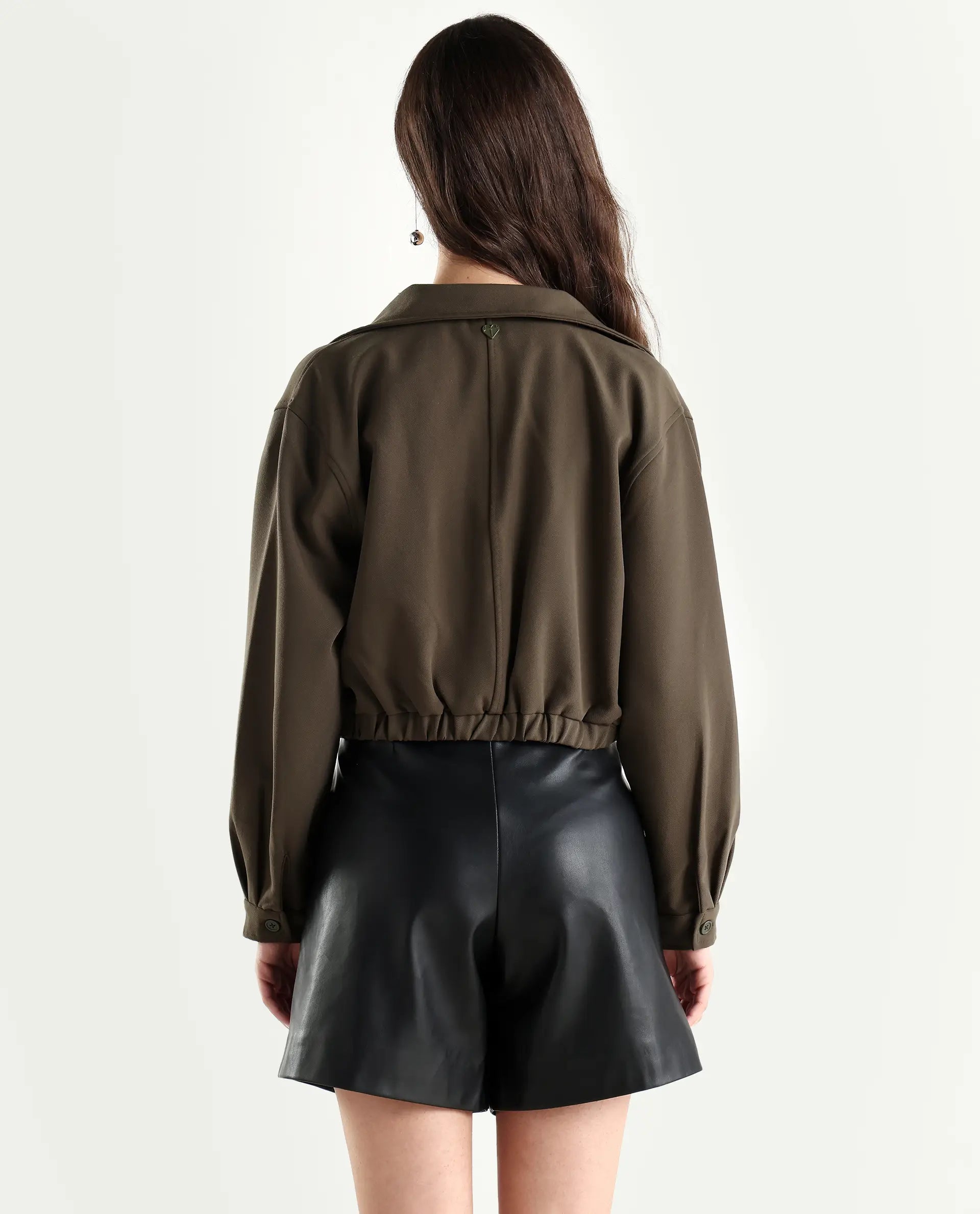 Rareism Women's Hobart Olive Spread Collar Plain Cuffed Sleeve Crop Regular Fit Jacket