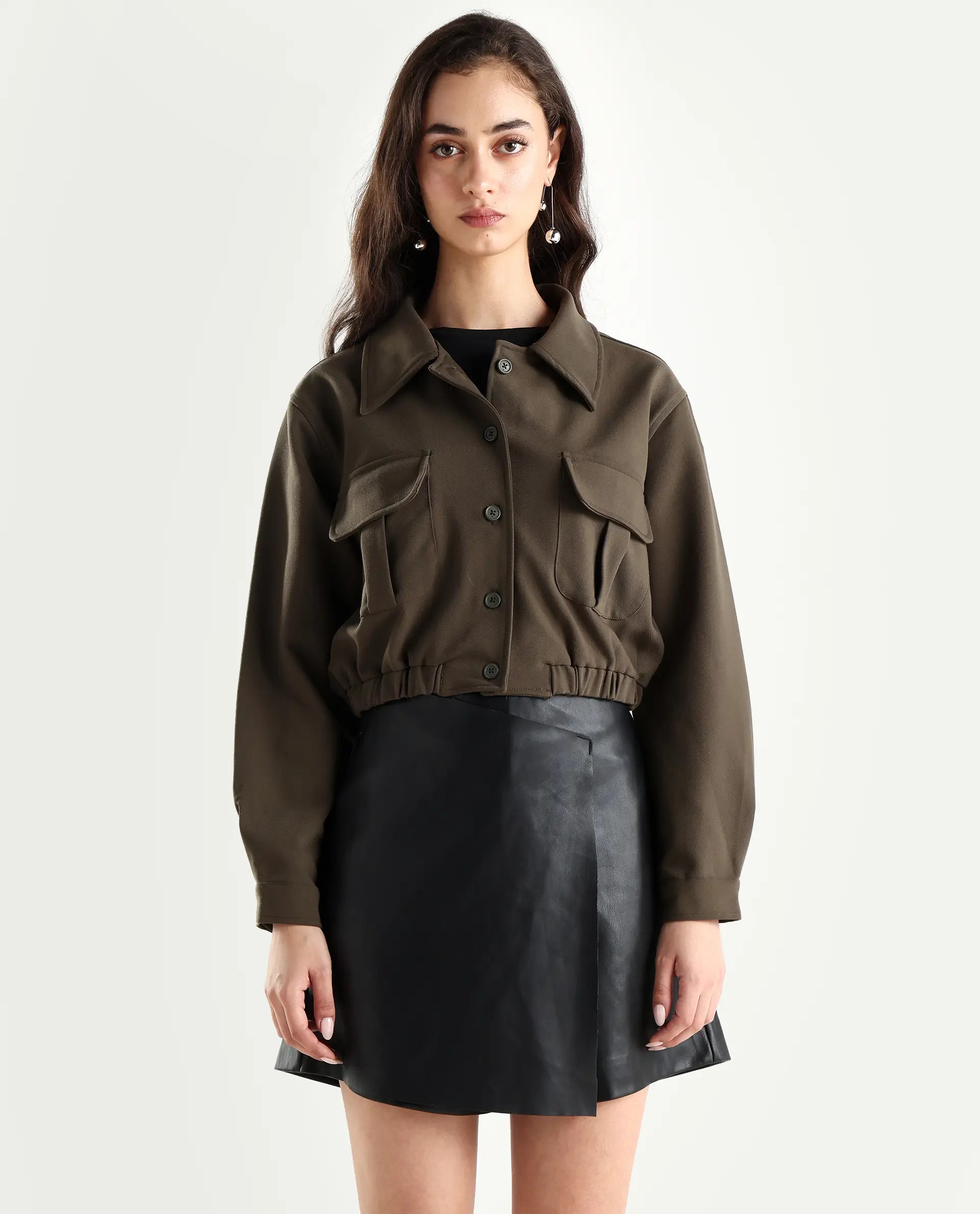 Rareism Women's Hobart Olive Spread Collar Plain Cuffed Sleeve Crop Regular Fit Jacket