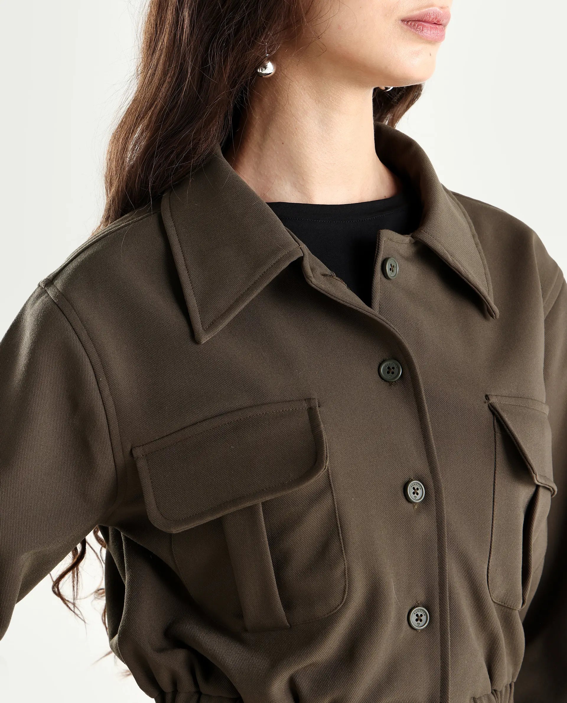 Rareism Women's Hobart Olive Spread Collar Plain Cuffed Sleeve Crop Regular Fit Jacket