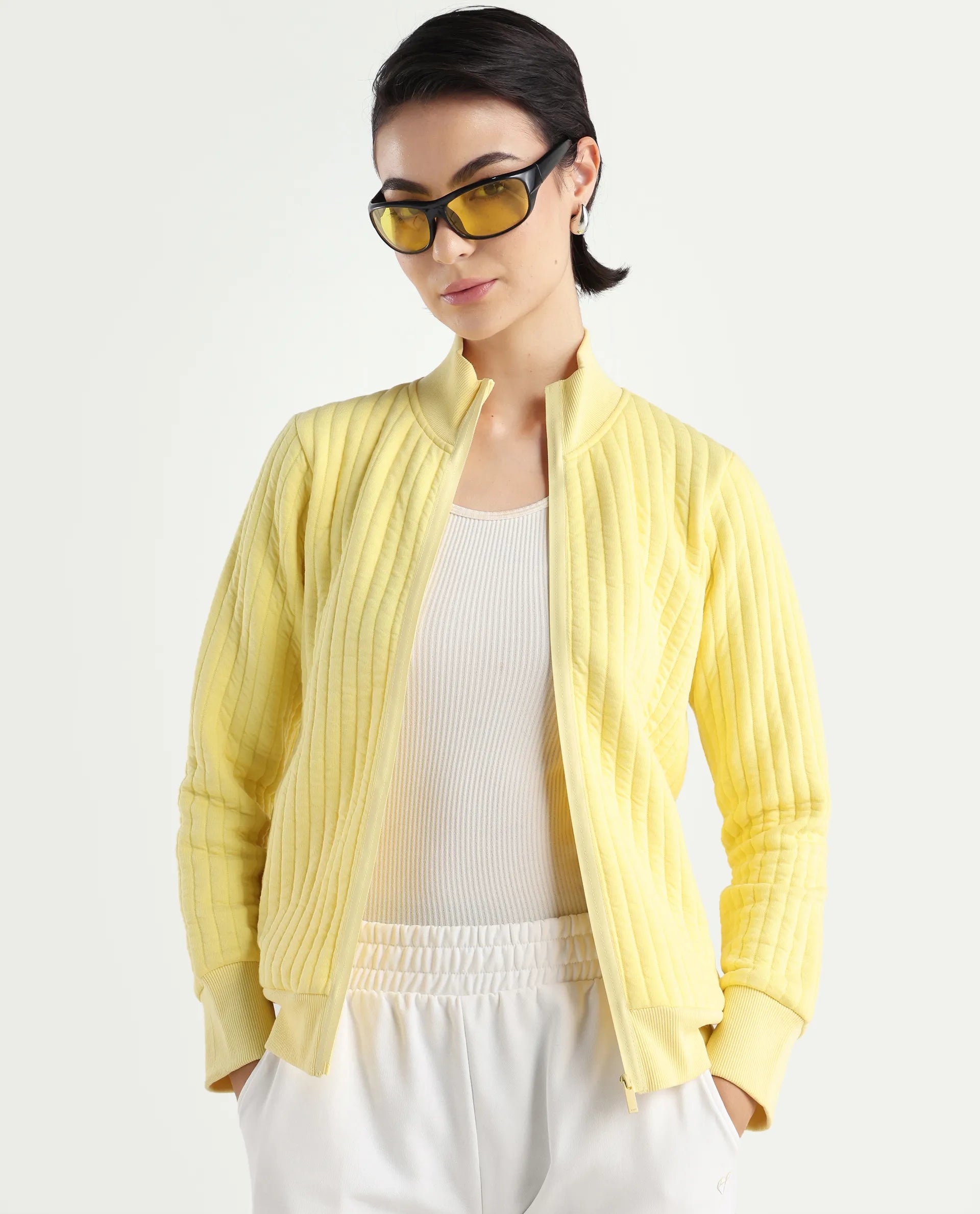 Rareism Women's Tunceli Light Yellow Polyester Blend Mandarin Collar Plain Regular Fit Jacket
