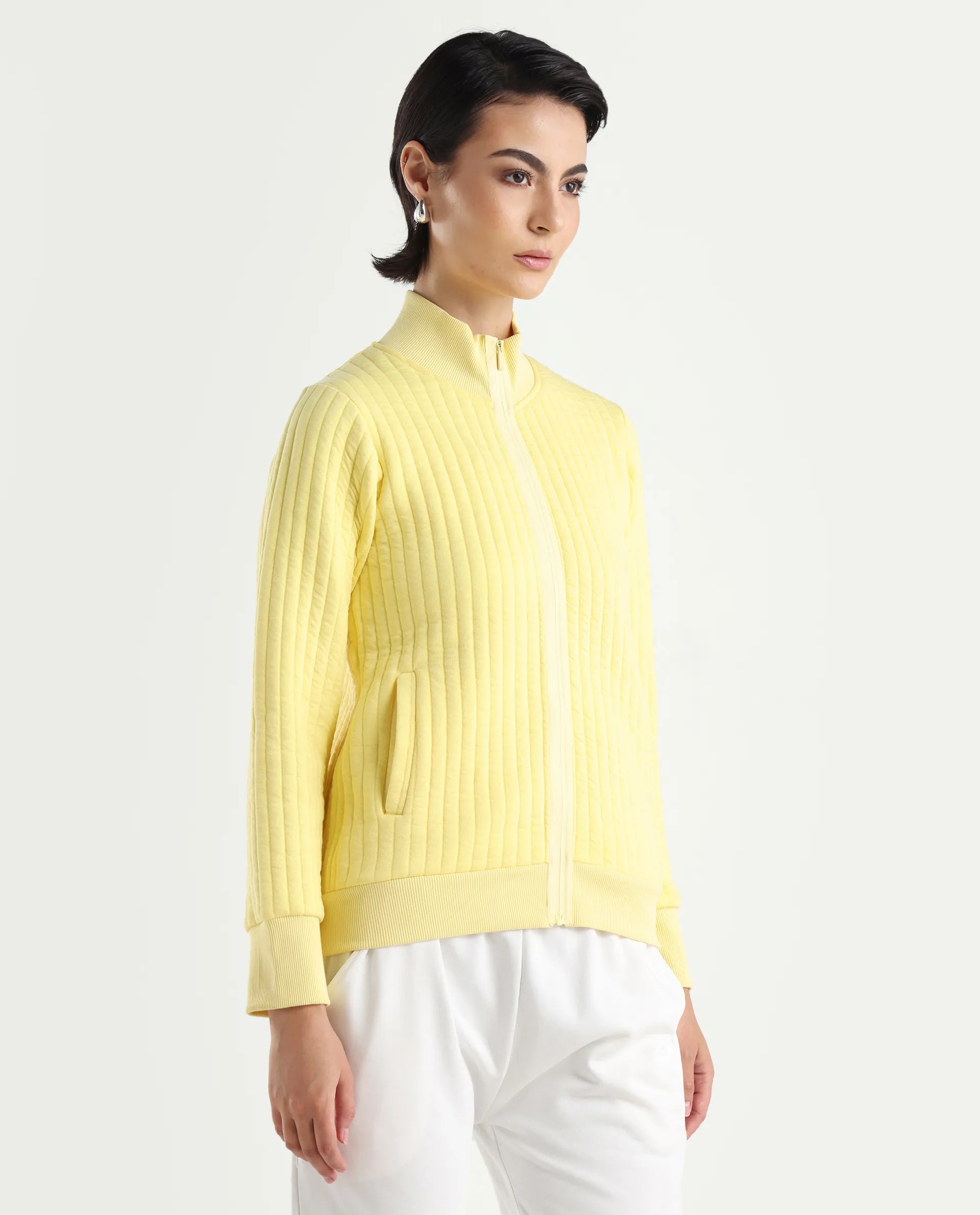 Rareism Women's Tunceli Light Yellow Polyester Blend Mandarin Collar Plain Regular Fit Jacket