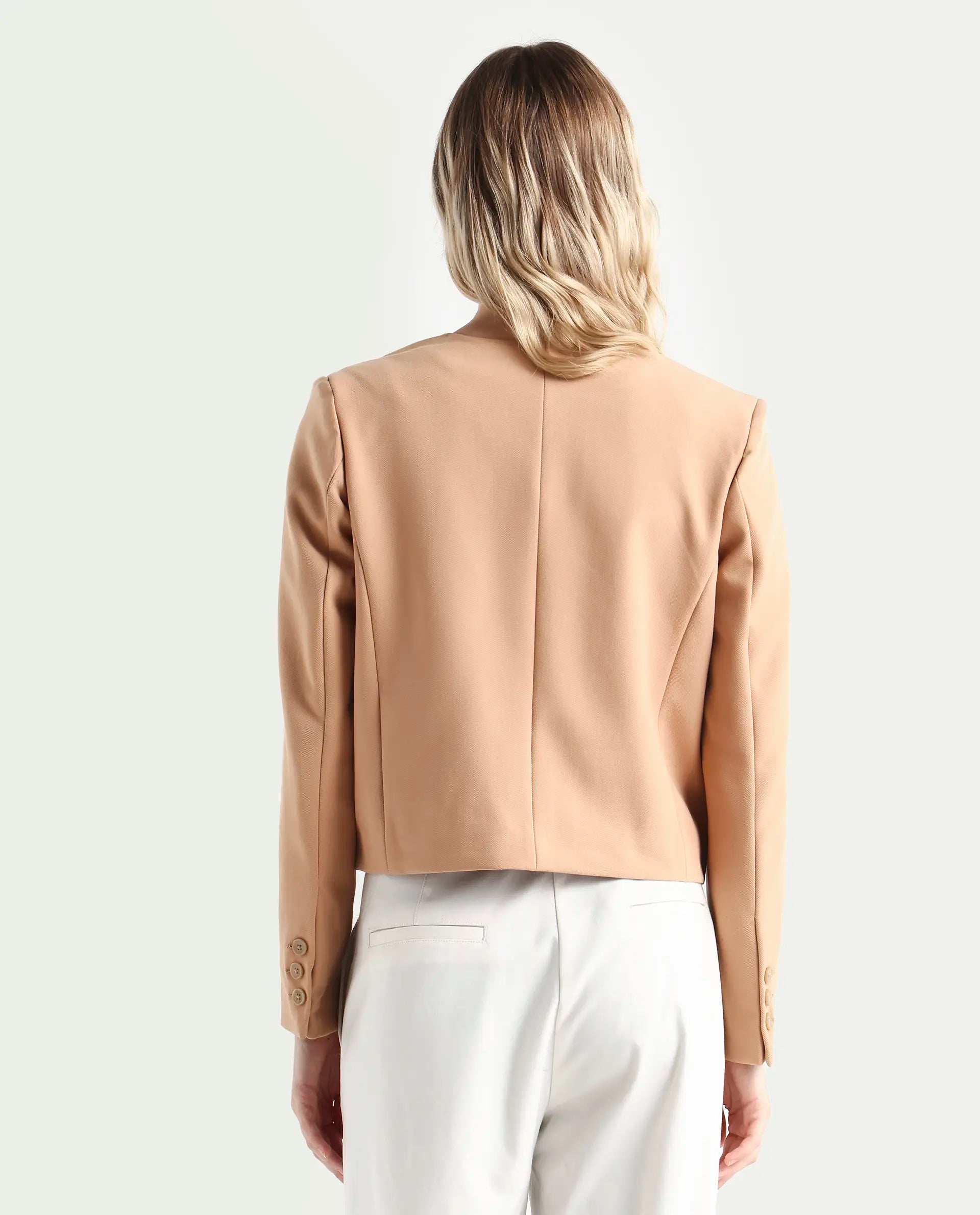 Rareism Women's Castlei Beige V-Neck Plain Regular Fit Jacket