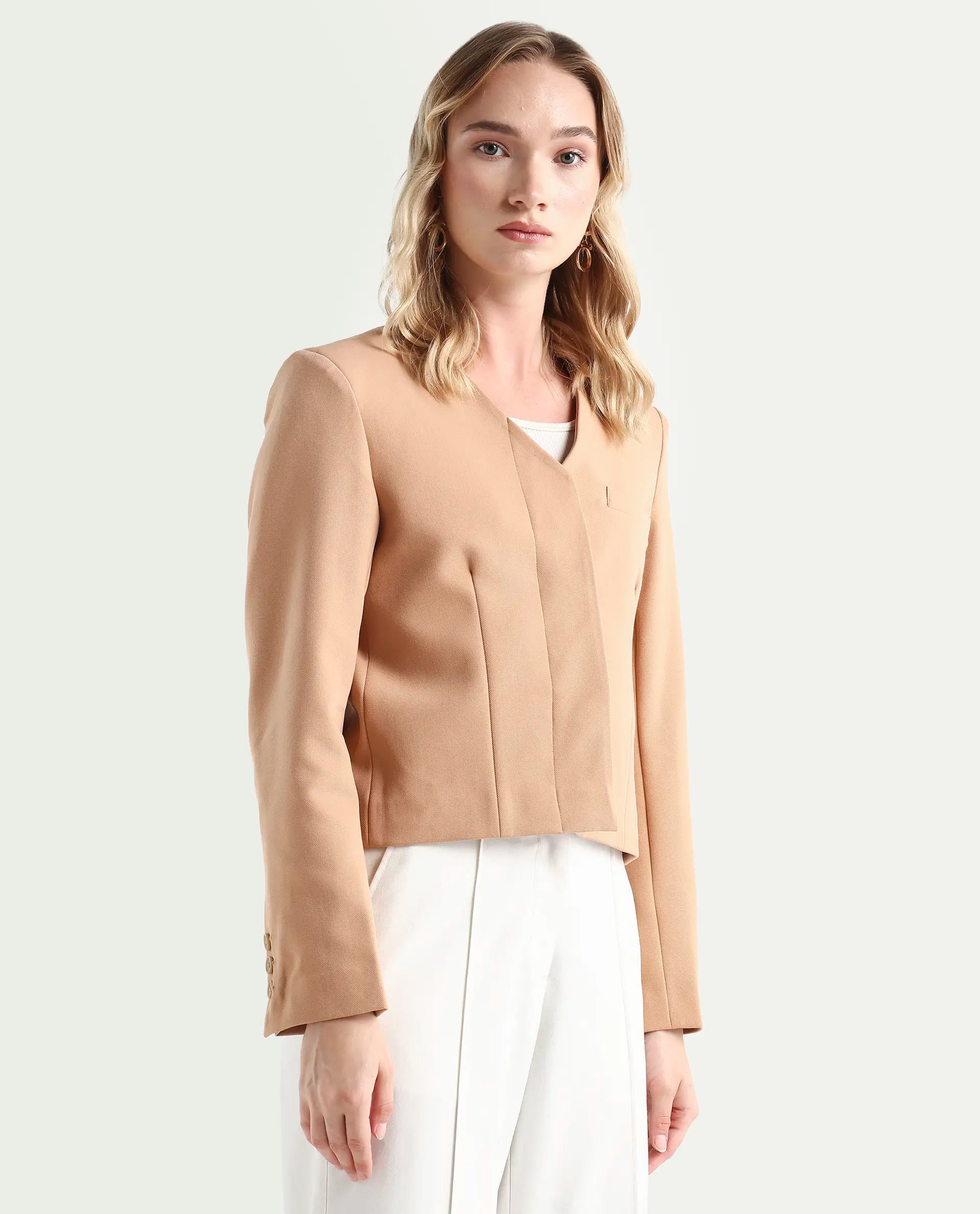 Rareism Women's Castlei Beige V-Neck Plain Regular Fit Jacket