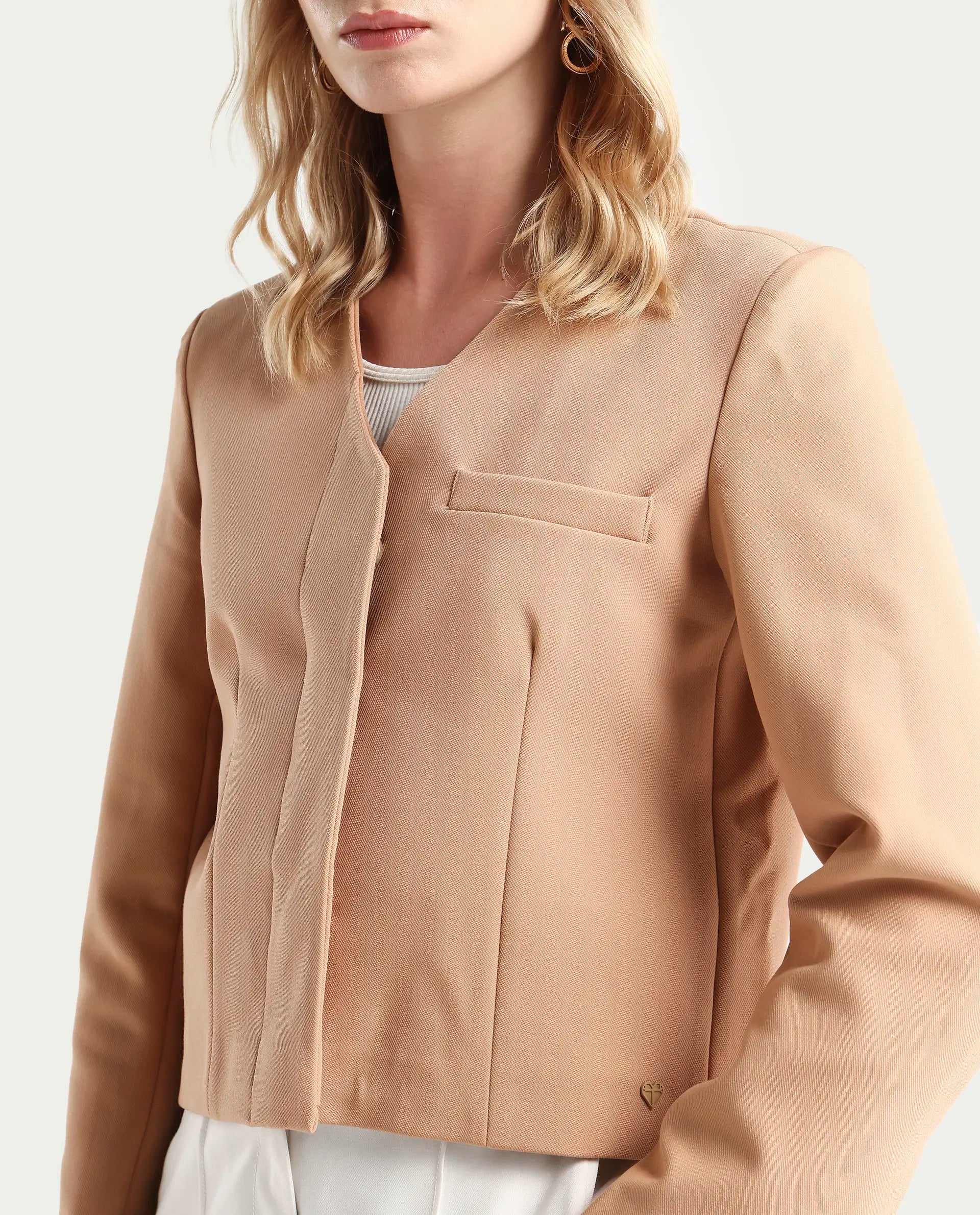 Rareism Women's Castlei Beige V-Neck Plain Regular Fit Jacket