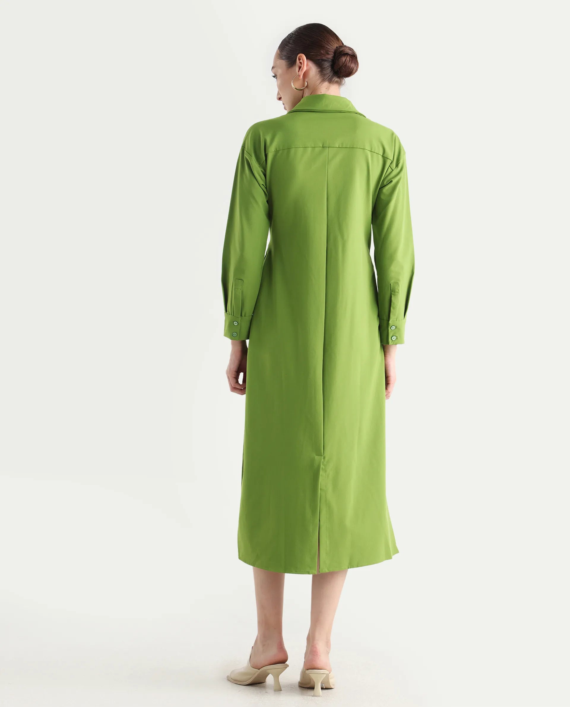 Rareism Women's Towoo Green Drop Collar Plain Cuffed Sleeve Maxi Regular Fit Jacket