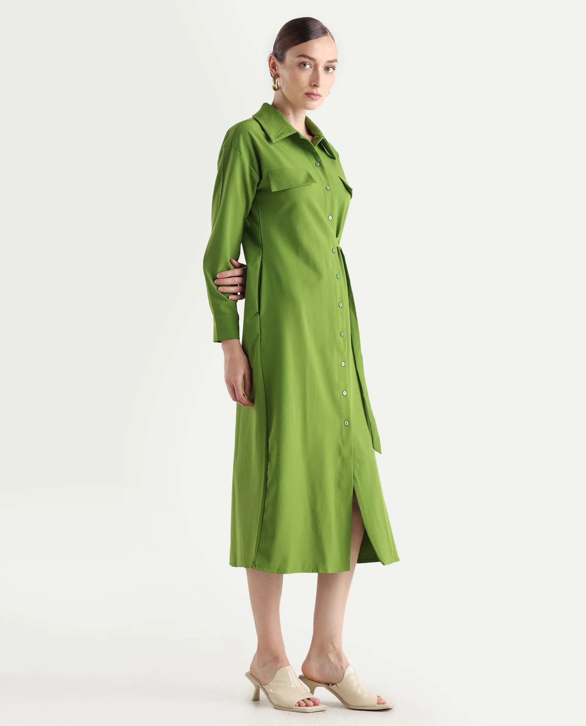 Rareism Women's Towoo Green Drop Collar Plain Cuffed Sleeve Maxi Regular Fit Jacket