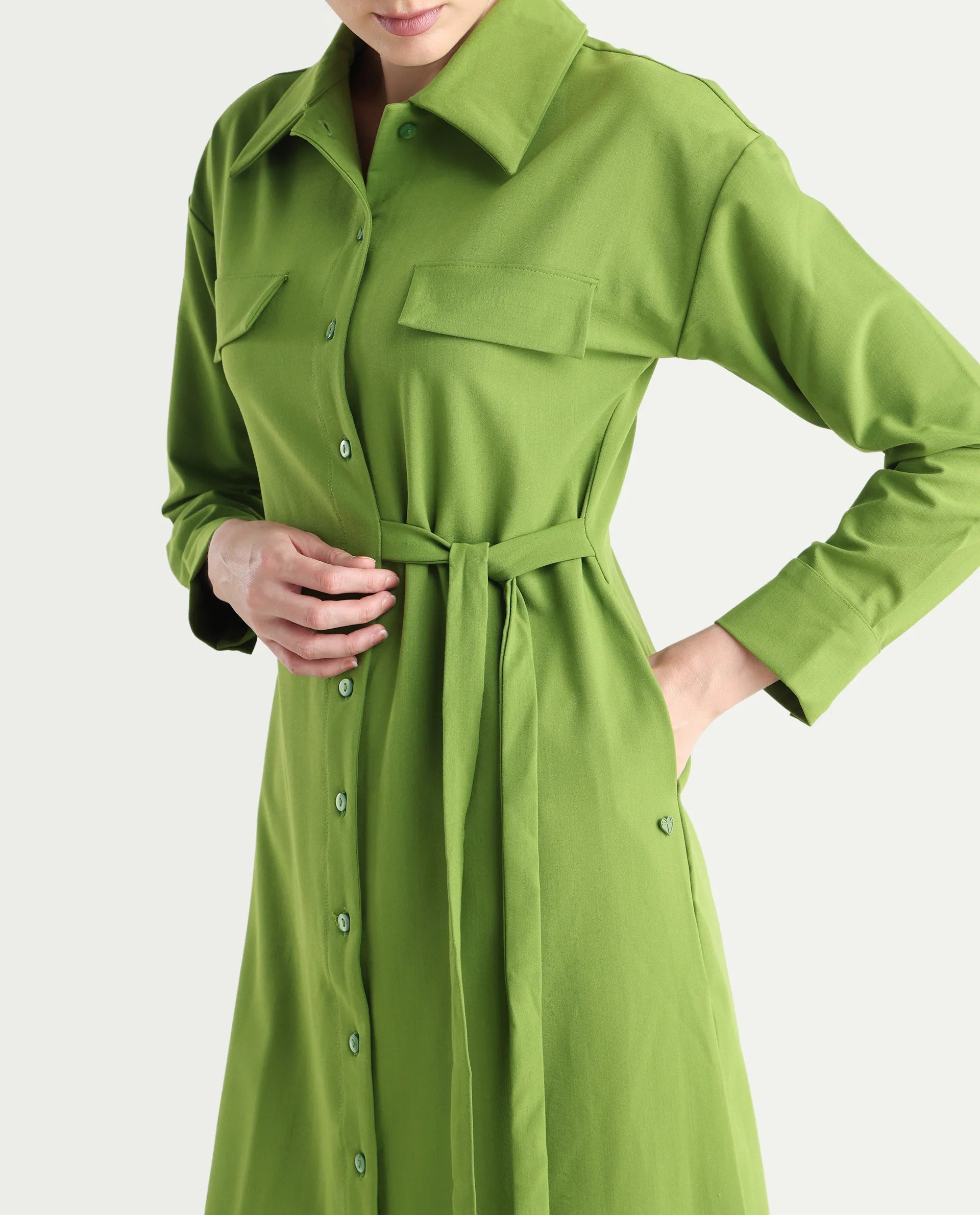 Rareism Women's Towoo Green Drop Collar Plain Cuffed Sleeve Maxi Regular Fit Jacket