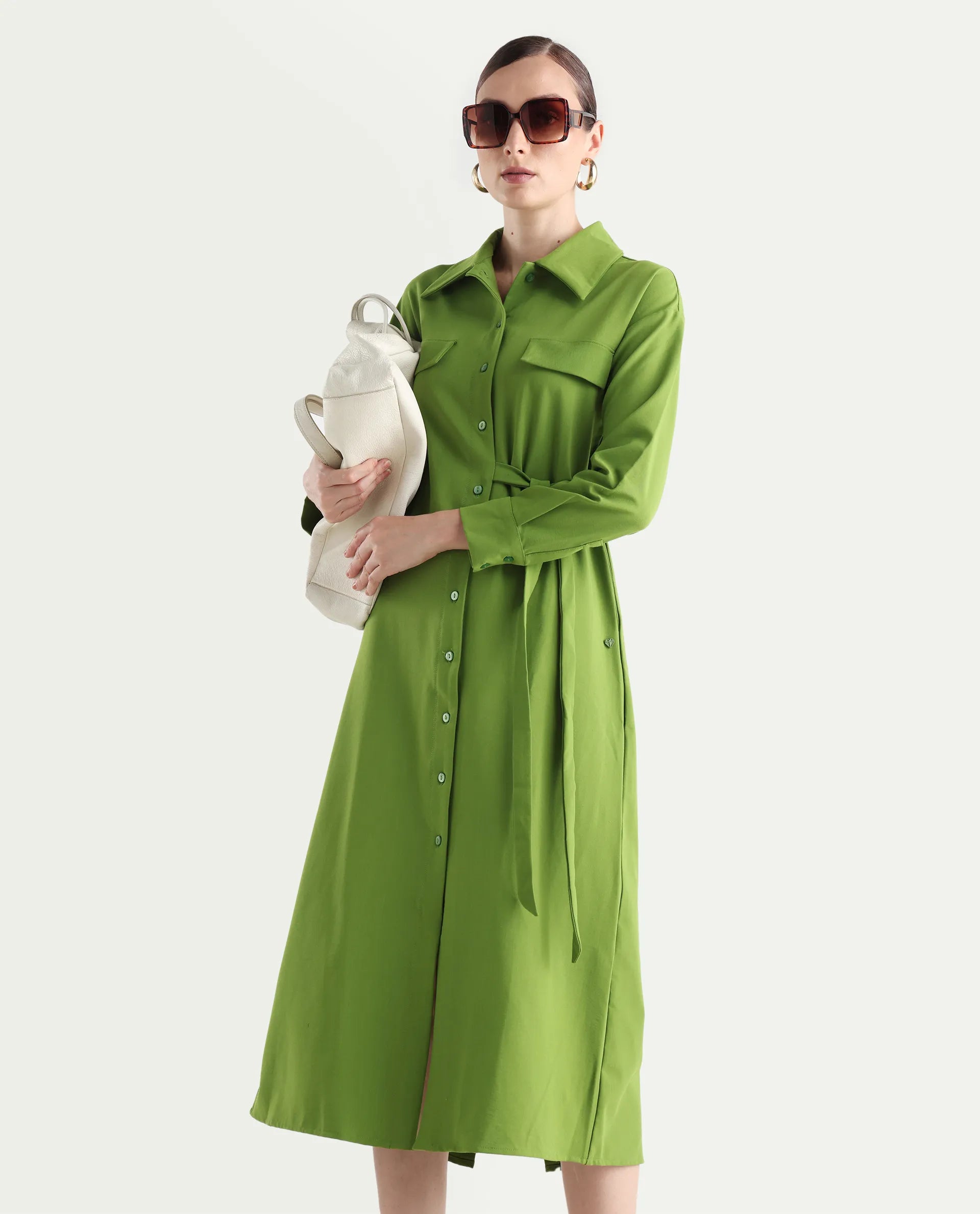 Rareism Women's Towoo Green Drop Collar Plain Cuffed Sleeve Maxi Regular Fit Jacket