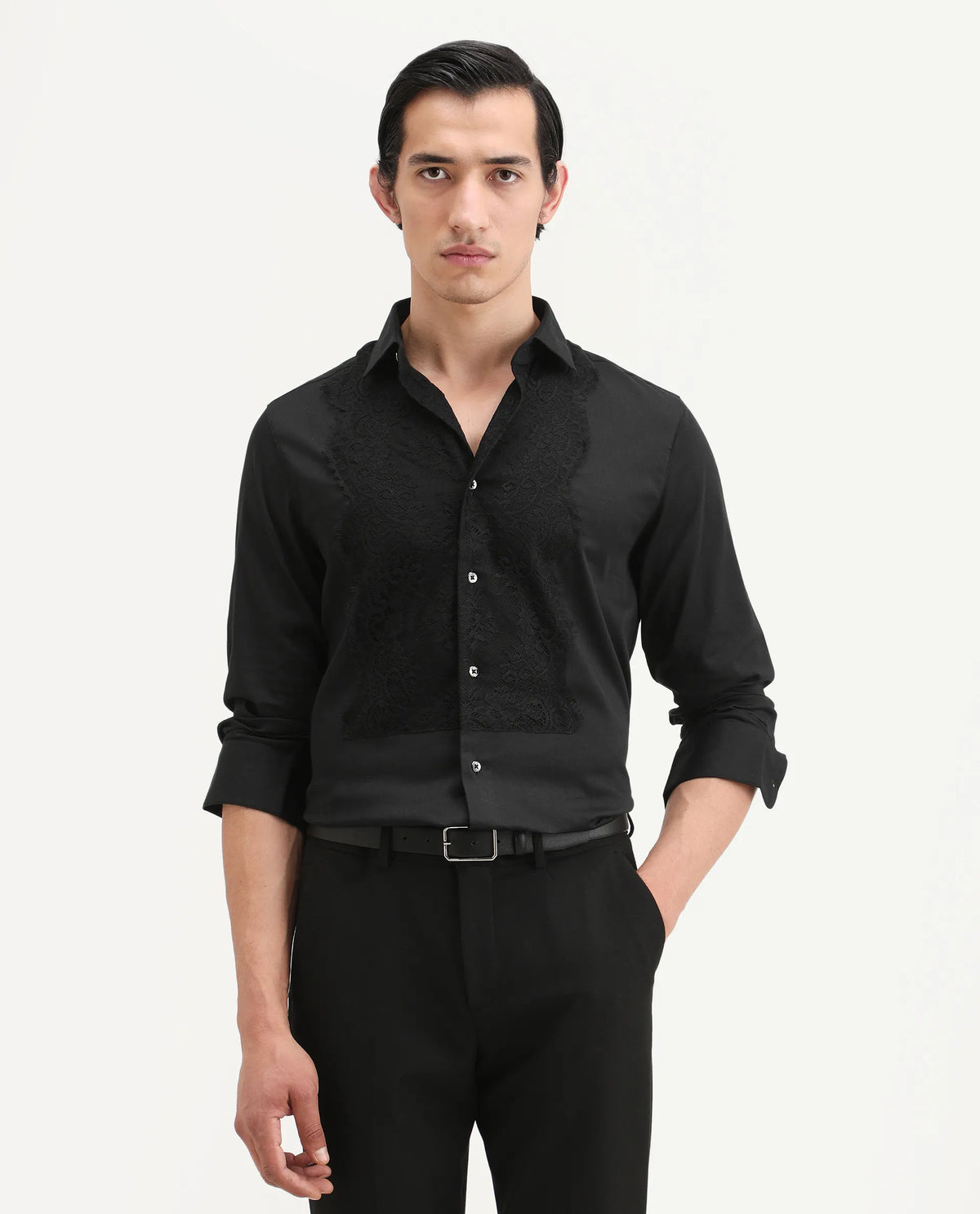 Rare Rabbit Men's Faro-2 Black Cotton Embroidered Regular Fit Full Sleeve Collared Shirt