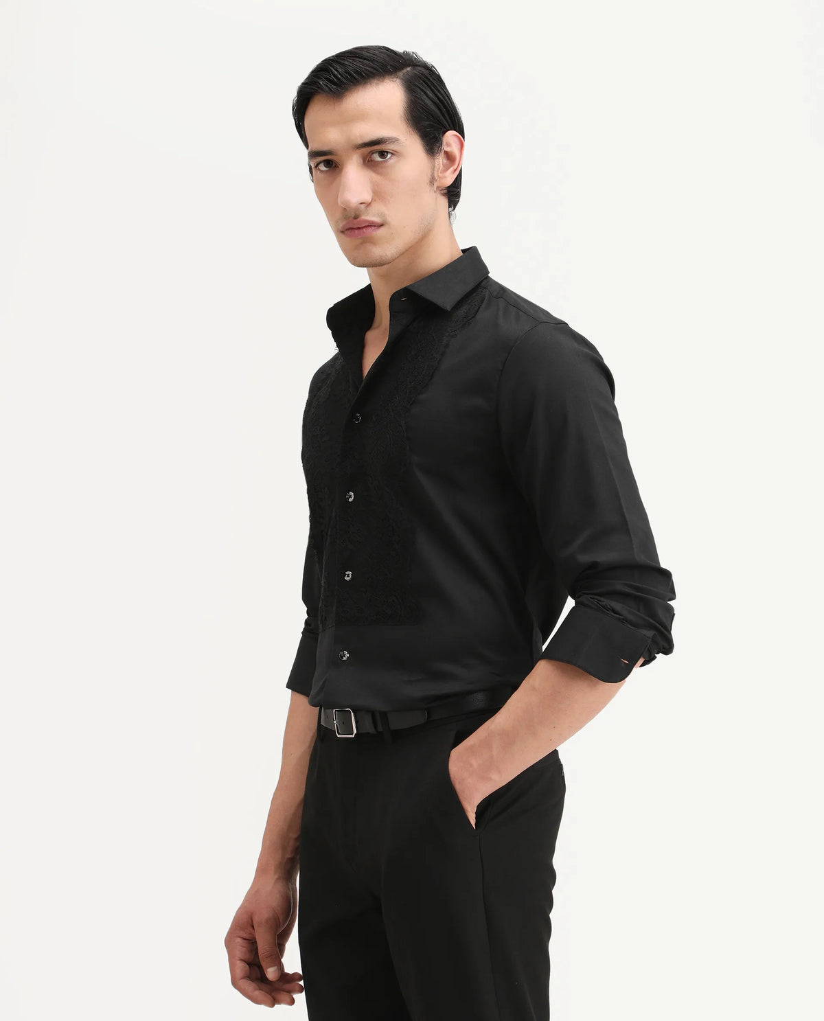 Rare Rabbit Men's Faro-2 Black Cotton Embroidered Regular Fit Full Sleeve Collared Shirt