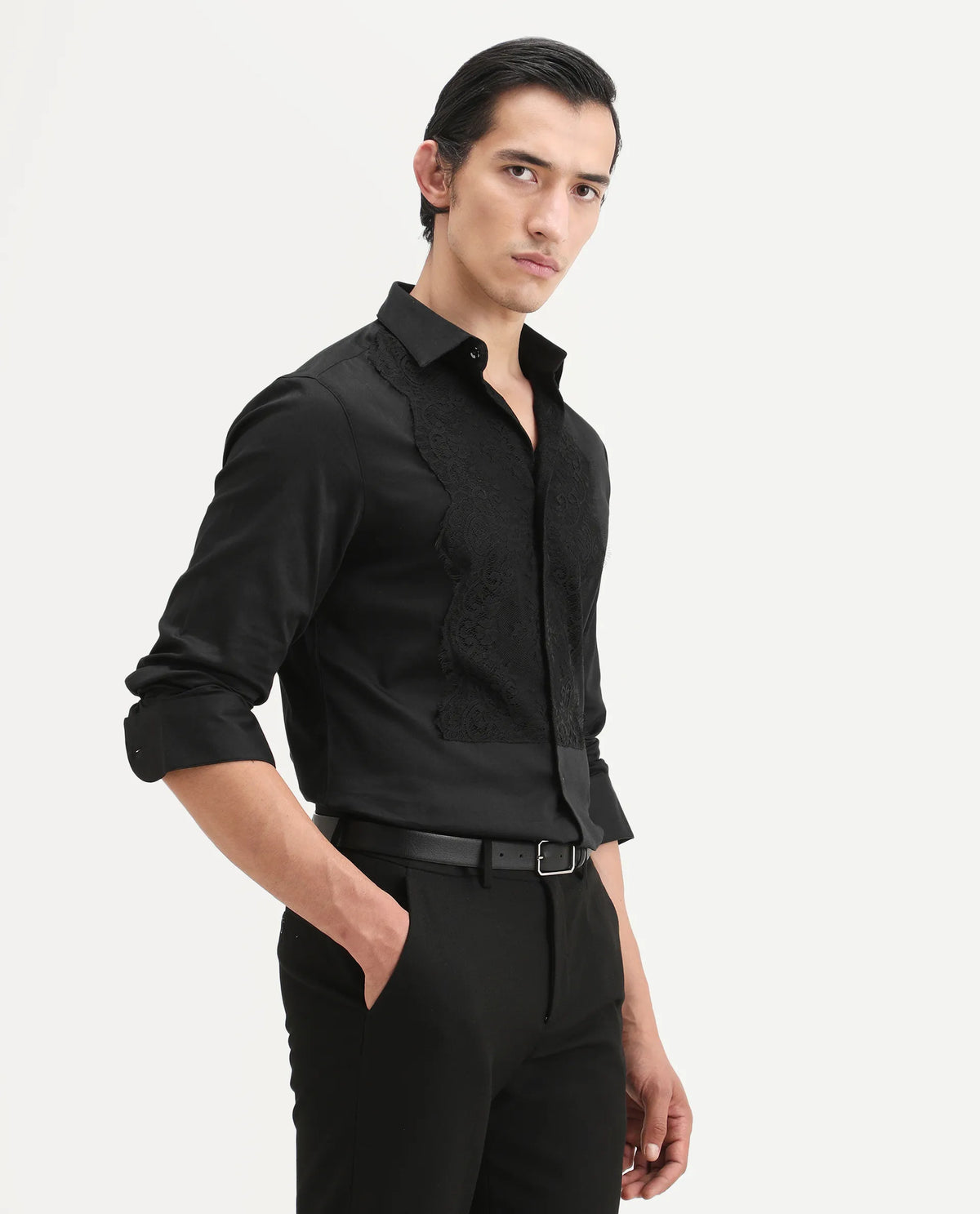 Rare Rabbit Men's Faro-2 Black Cotton Embroidered Regular Fit Full Sleeve Collared Shirt