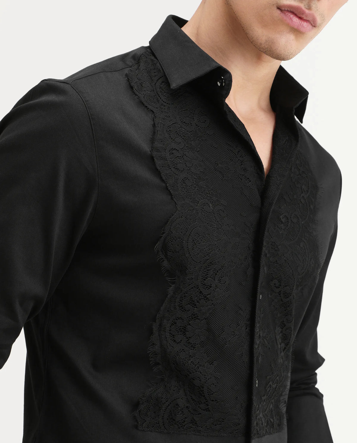 Rare Rabbit Men's Faro-2 Black Cotton Embroidered Regular Fit Full Sleeve Collared Shirt