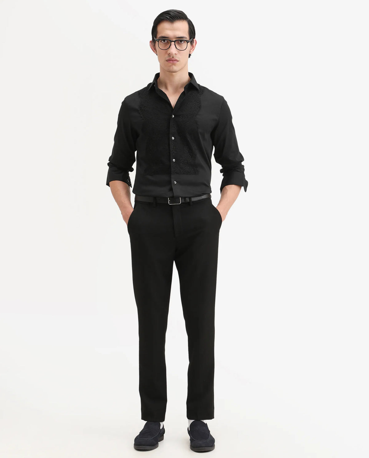 Rare Rabbit Men's Faro-2 Black Cotton Embroidered Regular Fit Full Sleeve Collared Shirt