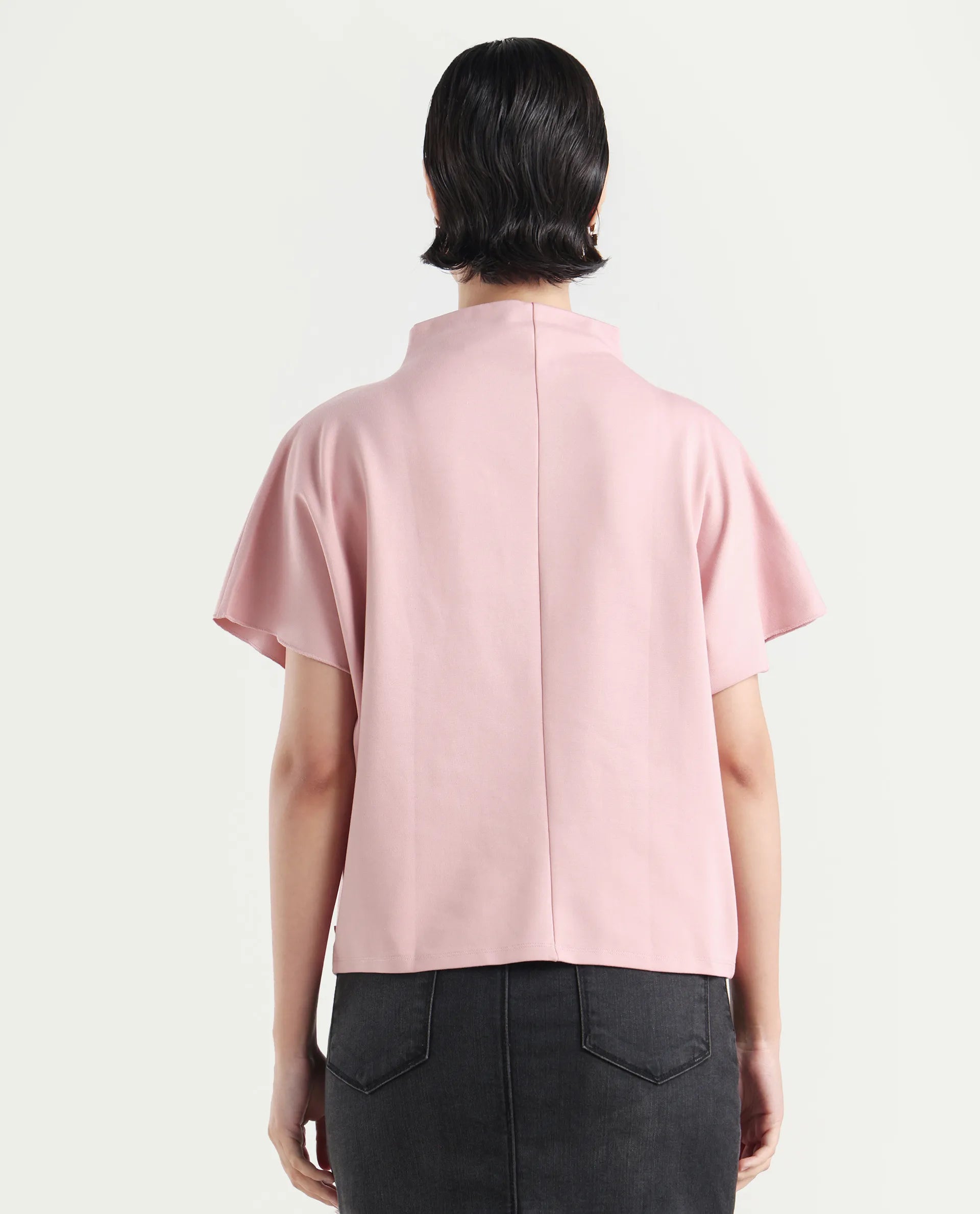 Rareism Women's Worknet Pink Cotton Blend High Neck Plain Extended Sleeves Relaxed Fit Top