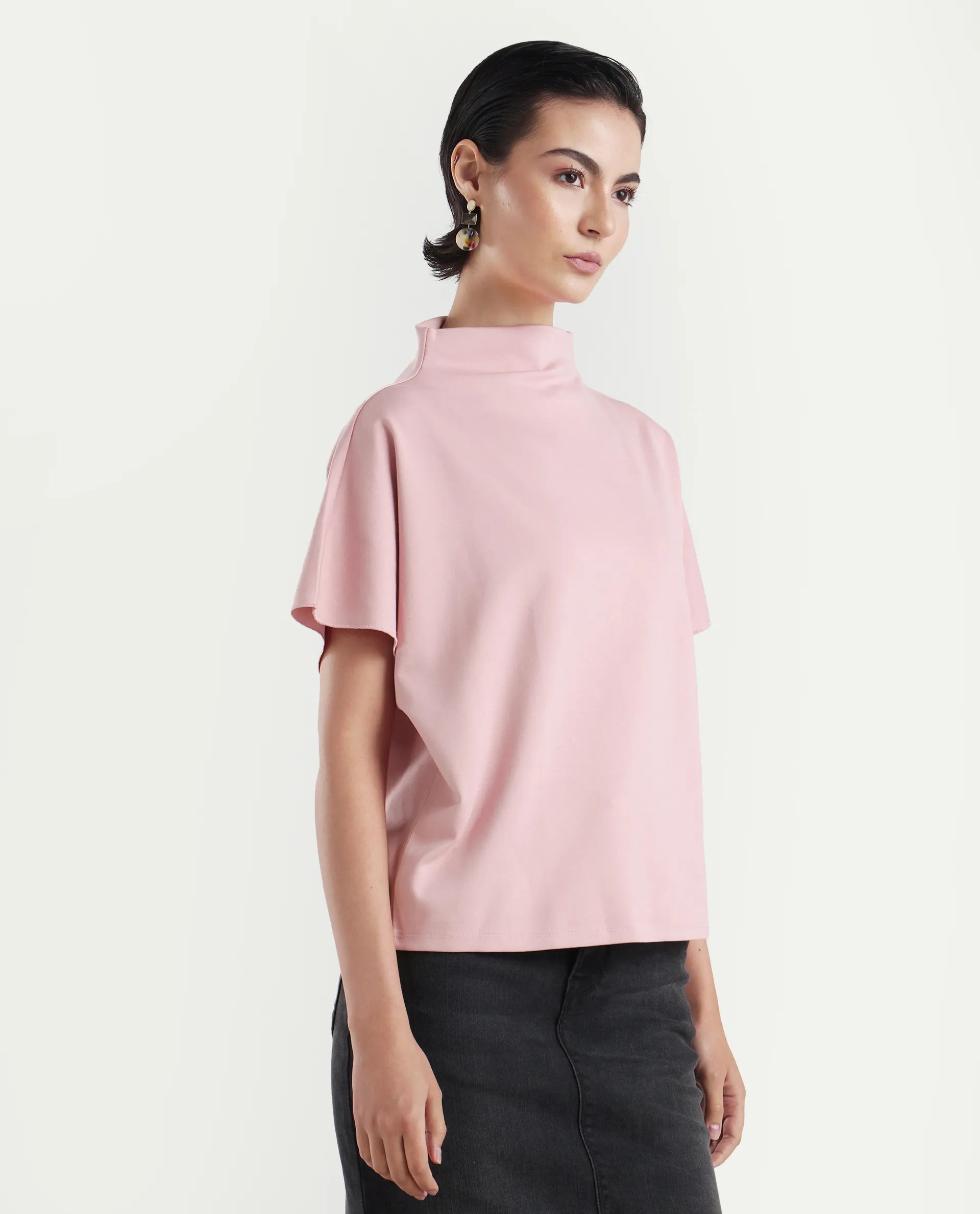 Rareism Women's Worknet Pink Cotton Blend High Neck Plain Extended Sleeves Relaxed Fit Top