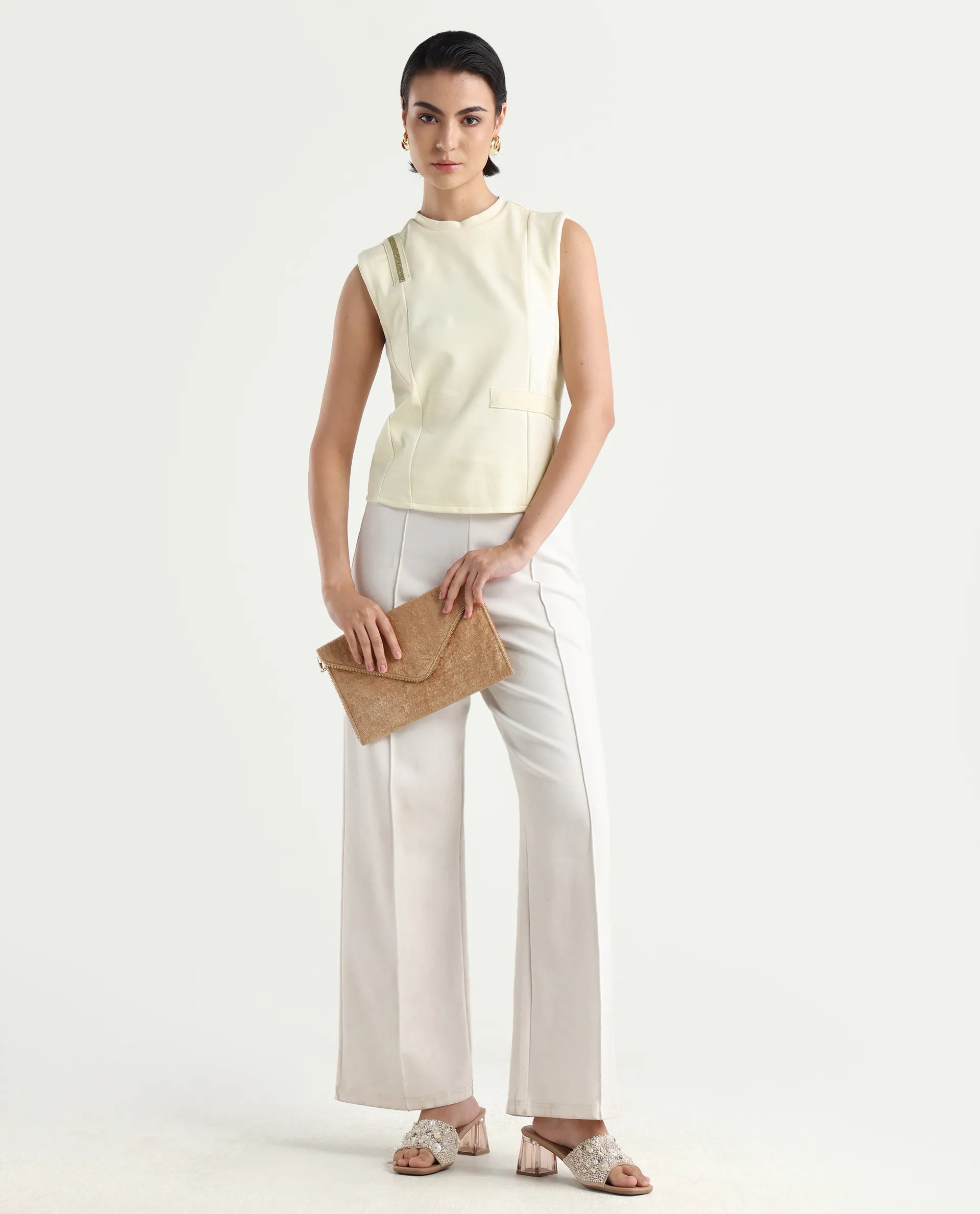 Rareism Women's Aytat Off White Cotton High Neck Plain Sleeveless Slim Fit Top