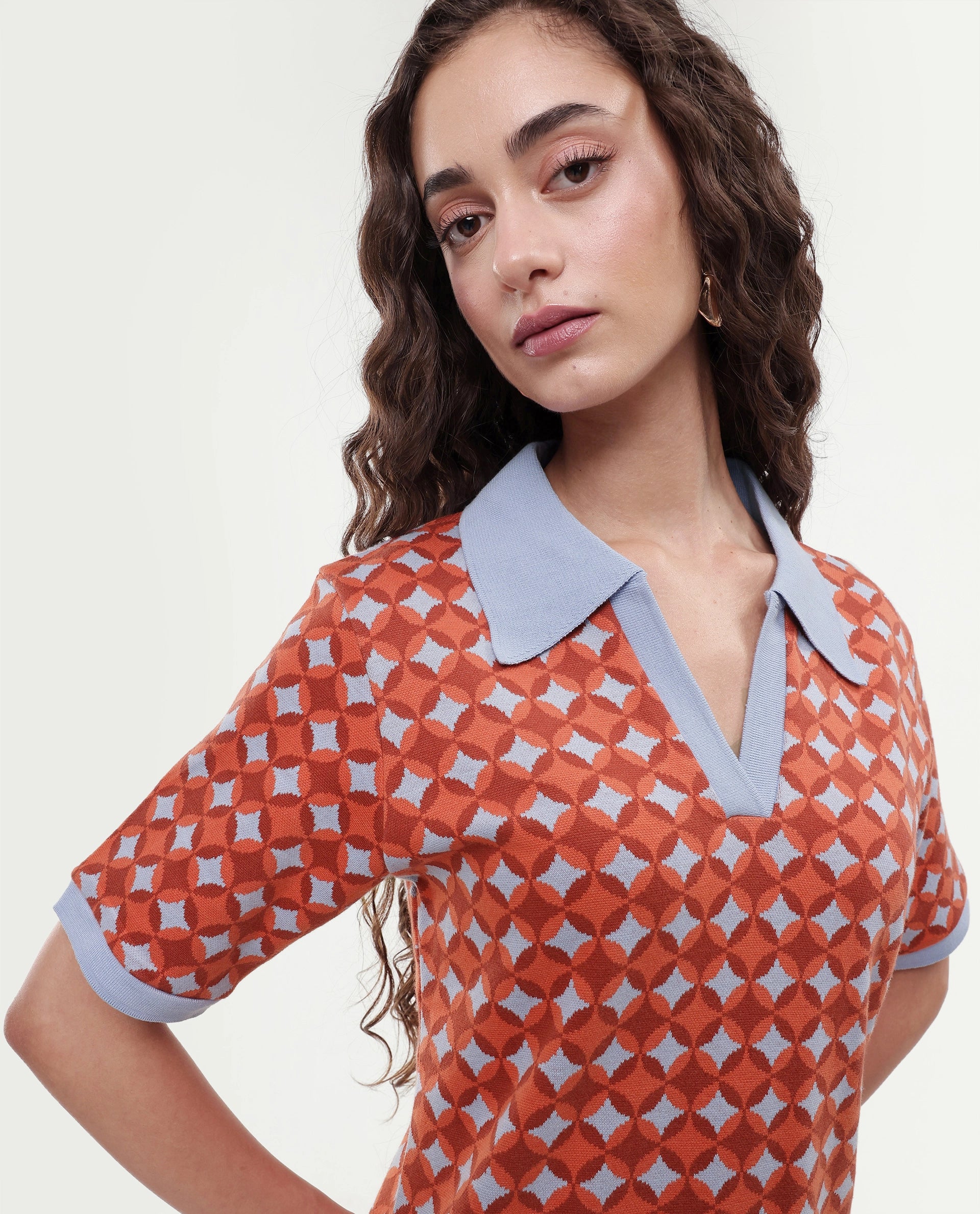 Rareism Women's Orri Multi Cotton Ribbed Collar Geometric Print Midi Relaxed Fit Dress