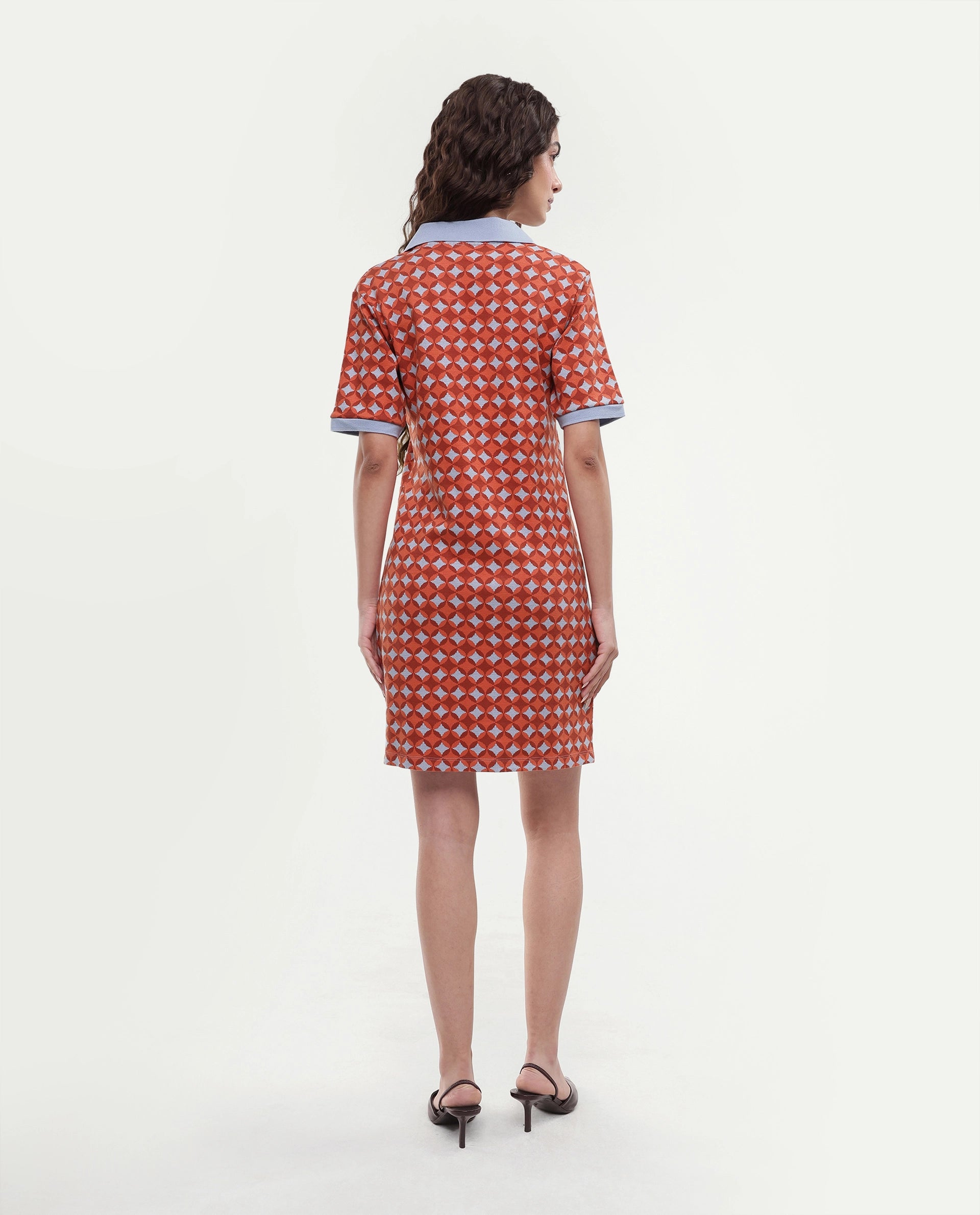 Rareism Women's Orri Multi Cotton Ribbed Collar Geometric Print Midi Relaxed Fit Dress