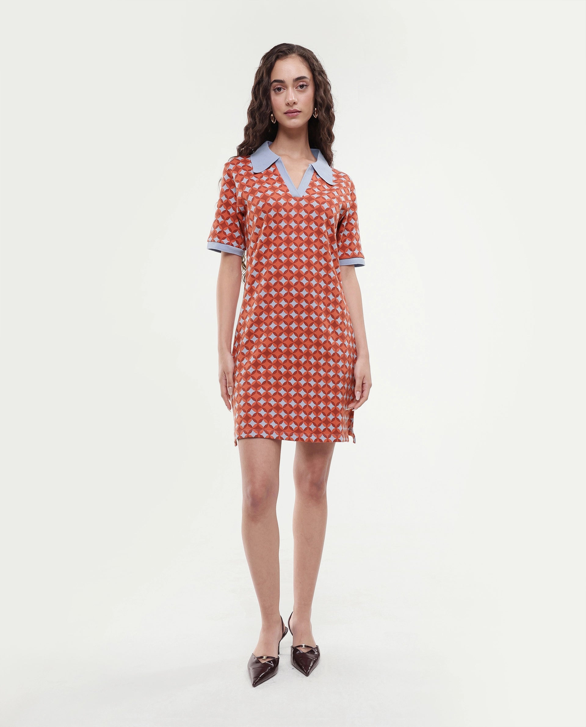 Rareism Women's Orri Multi Cotton Ribbed Collar Geometric Print Midi Relaxed Fit Dress