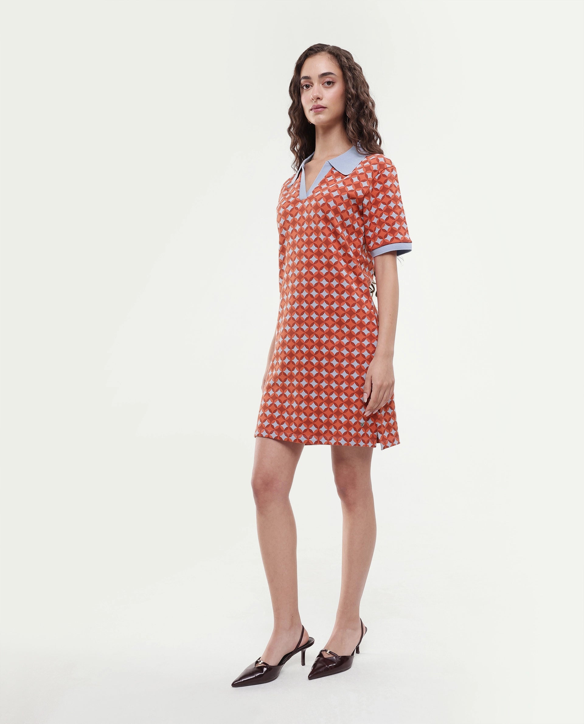 Rareism Women's Orri Multi Cotton Ribbed Collar Geometric Print Midi Relaxed Fit Dress