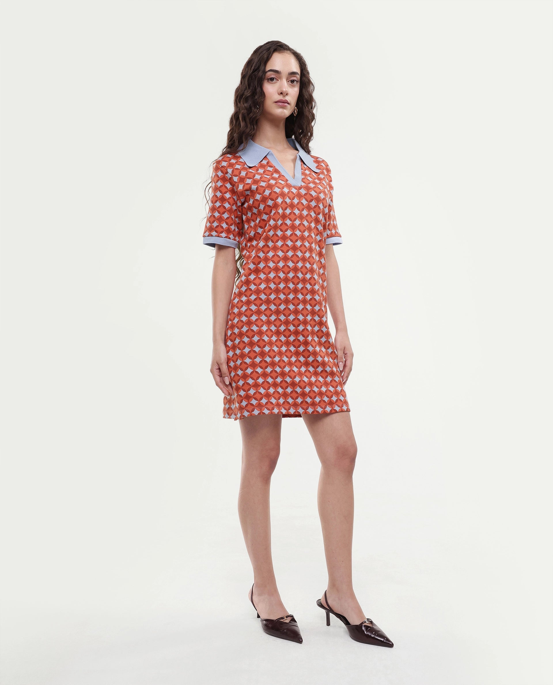 Rareism Women's Orri Multi Cotton Ribbed Collar Geometric Print Midi Relaxed Fit Dress